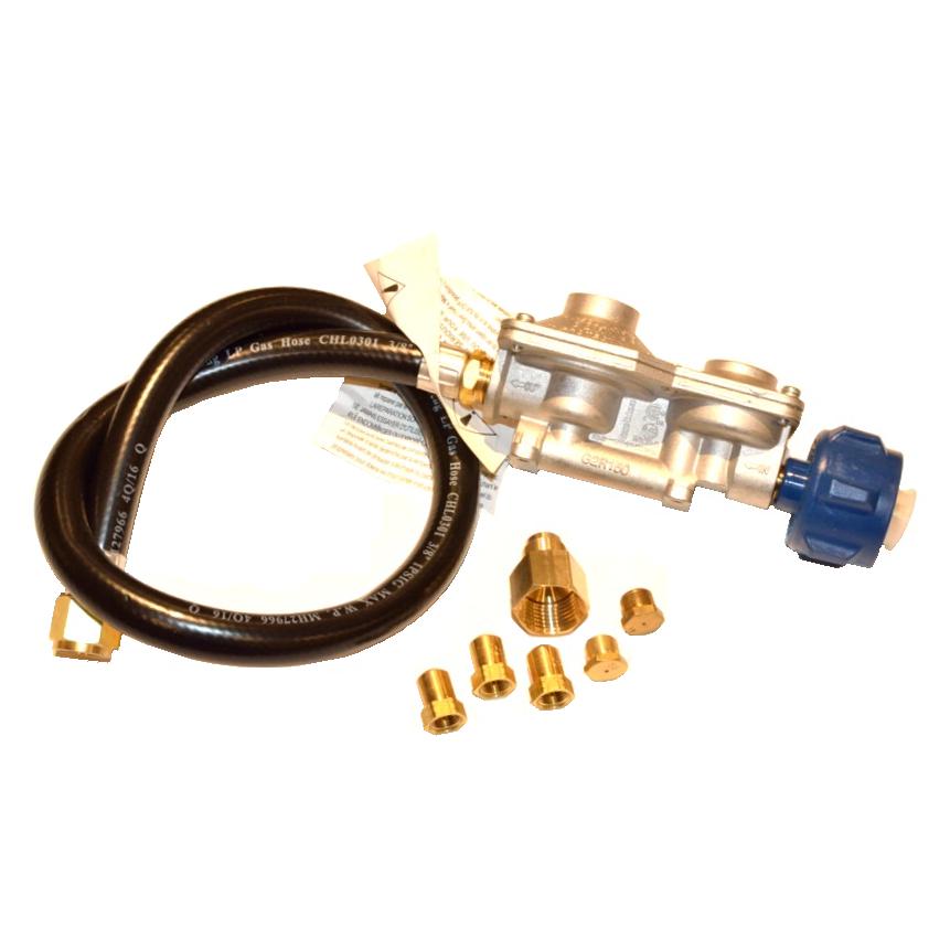 LP conversion kit with black hose and brass fittings and adapters