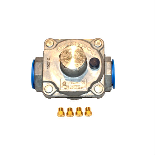 Gas conversion valve kit with metal regulator plate and blue hoses, plus brass fittings