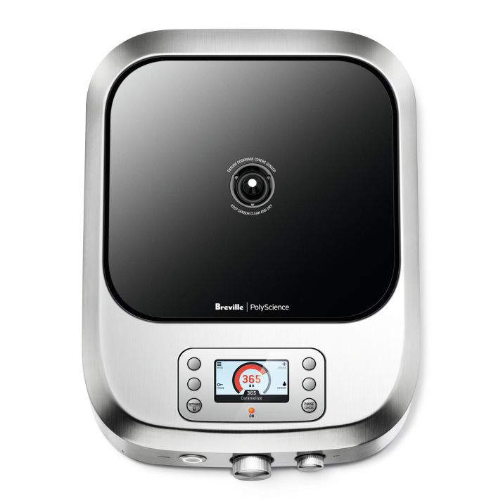 Countertop induction burner with black display and brushed metal base, Breville PolyScience