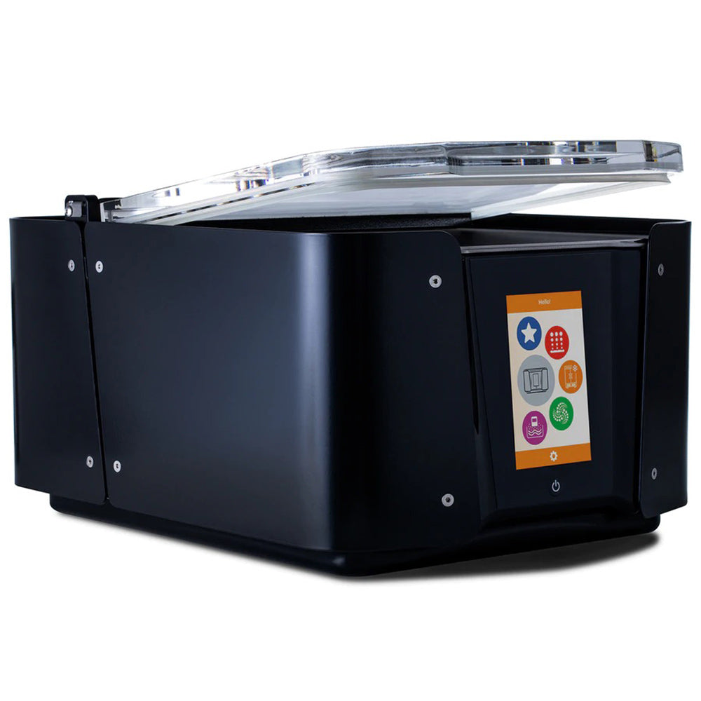 Commercial chamber vacuum sealer, dark navy side view with control panel display