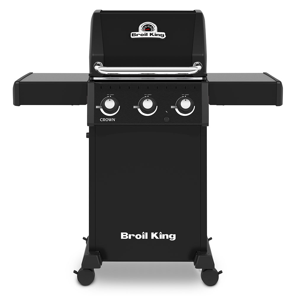 Stainless steel gas grill with three burner control knobs and side shelves, on wheels