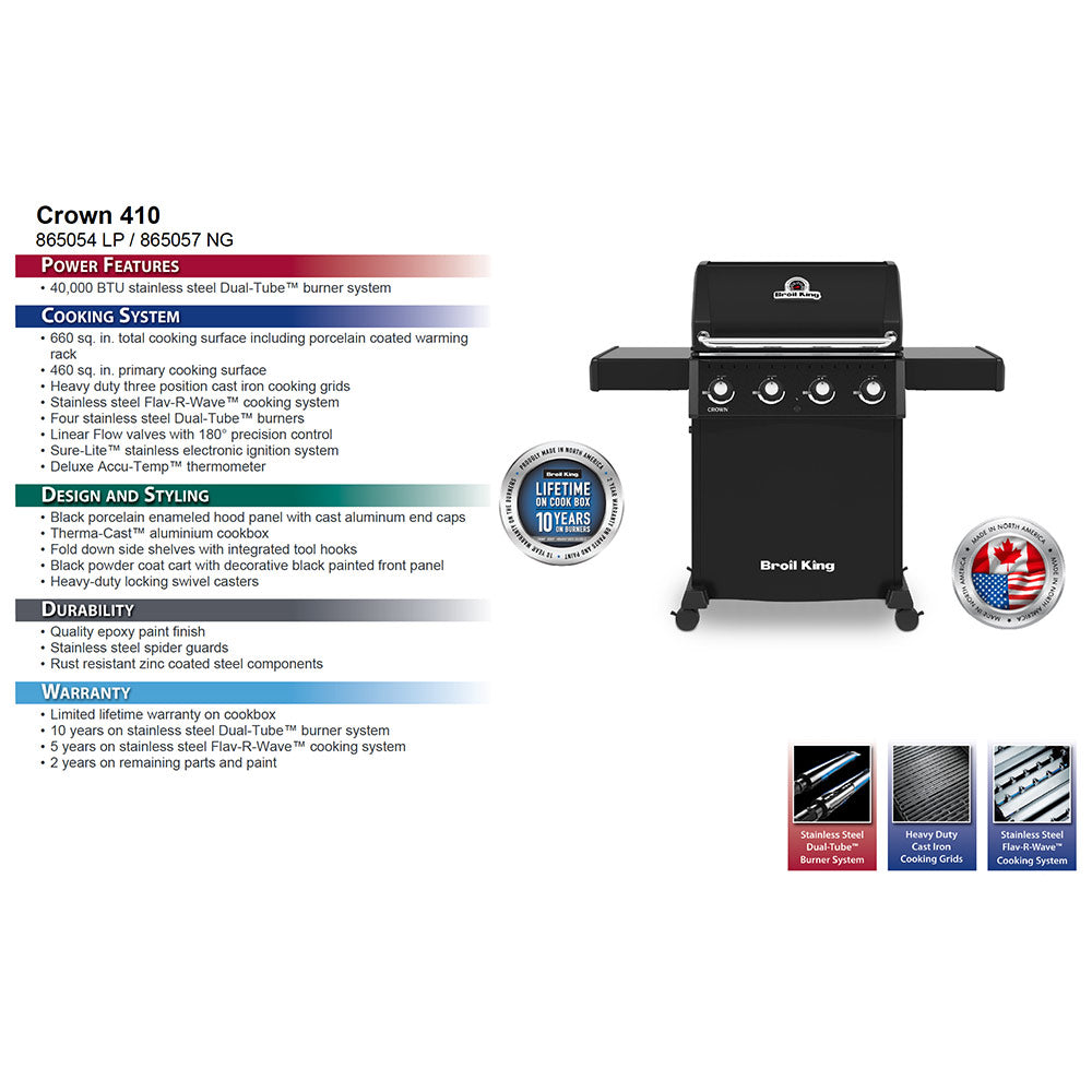 Broil King 4-burner gas grill with lid, front control panel, and two side shelves