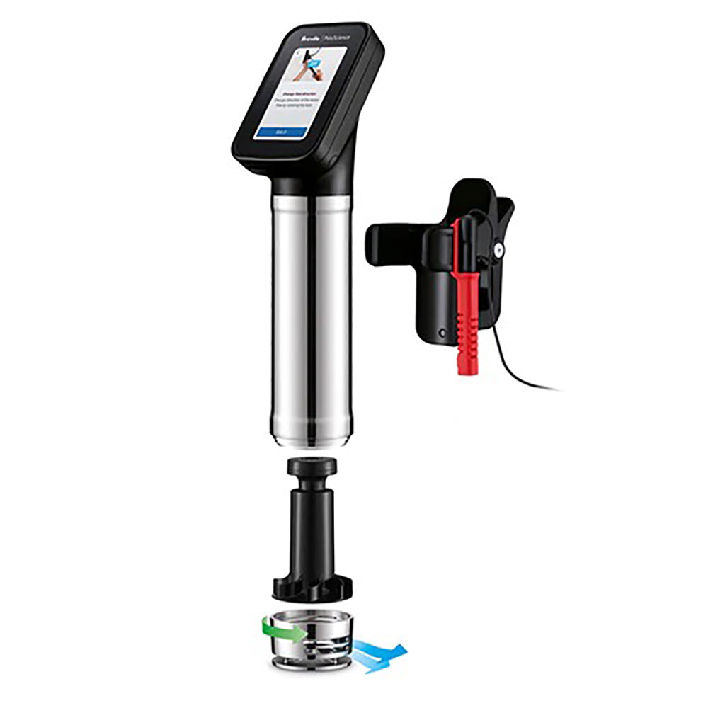 Sous vide immersion circulator with clamp mount, black display, and red side clip