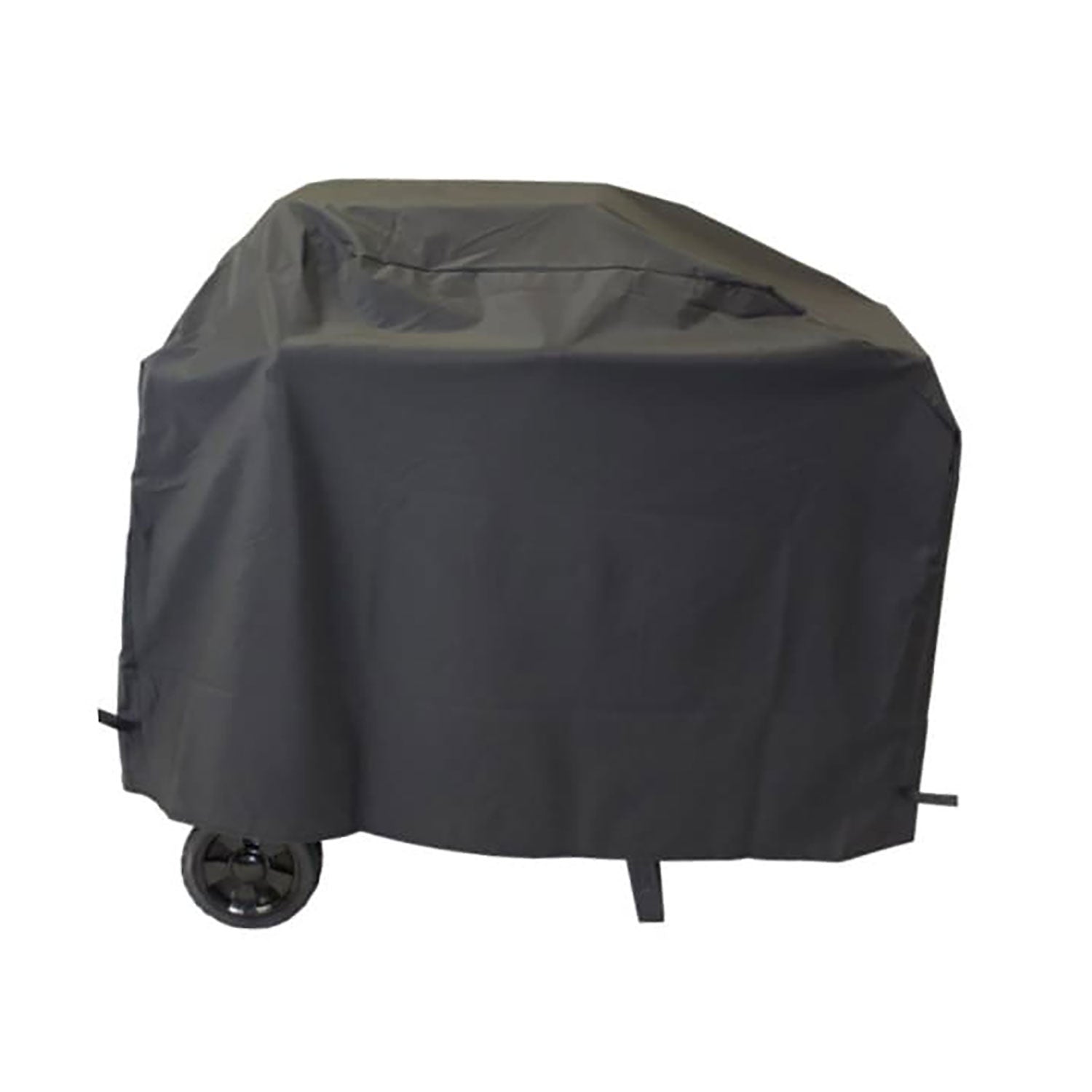 Full-length vinyl grill cover in dark gray with side straps