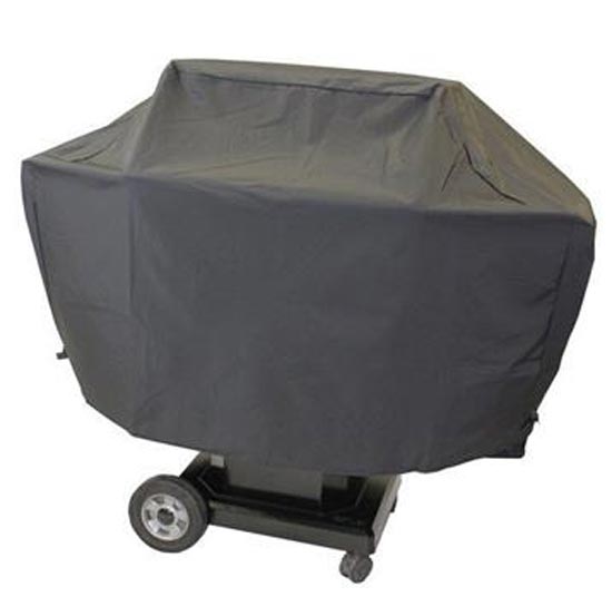 Full-length dark vinyl cover for a grill on wheels