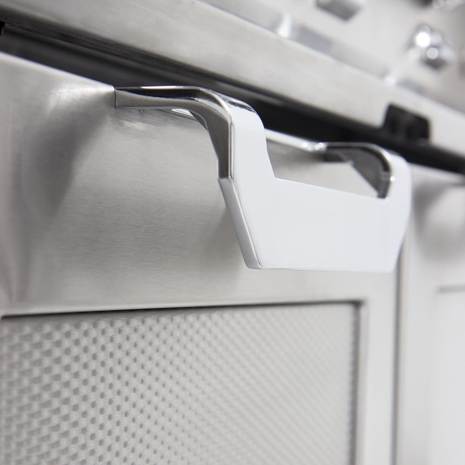 Stainless cart handle and drawer front, close-up, silver