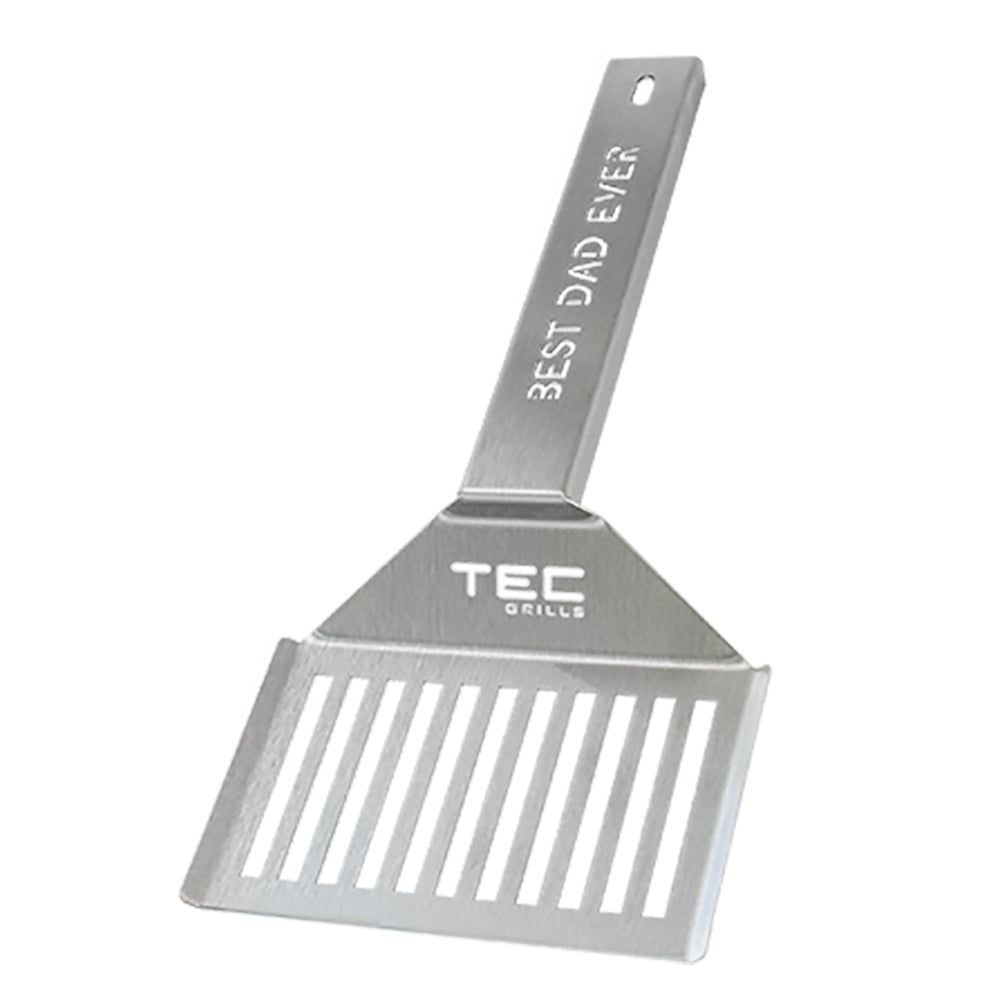 Stainless grill spatula with comb edge, TEC logo, "BEST DAD EVER" handle text