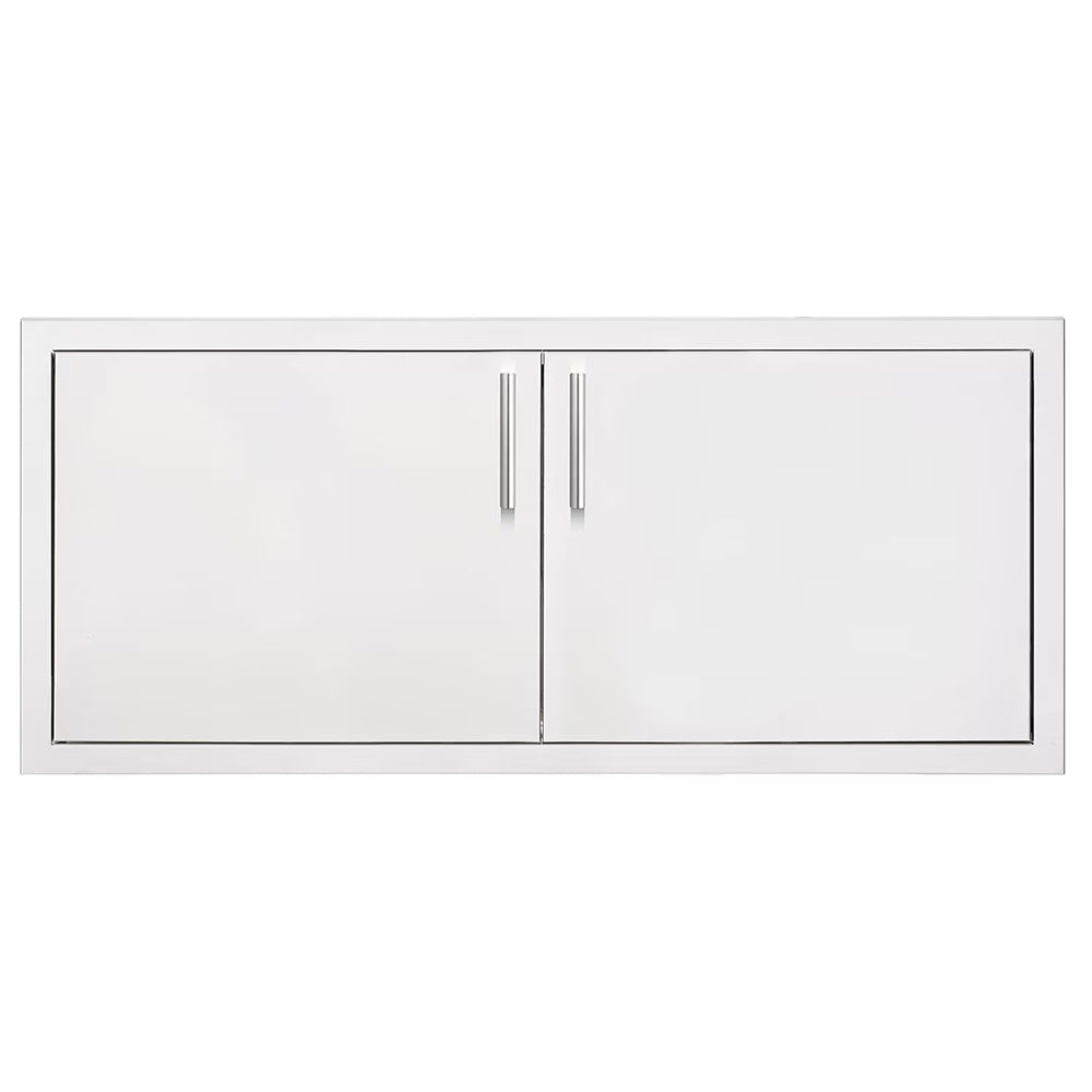 Double access door with two central vertical handles and rectangular frame