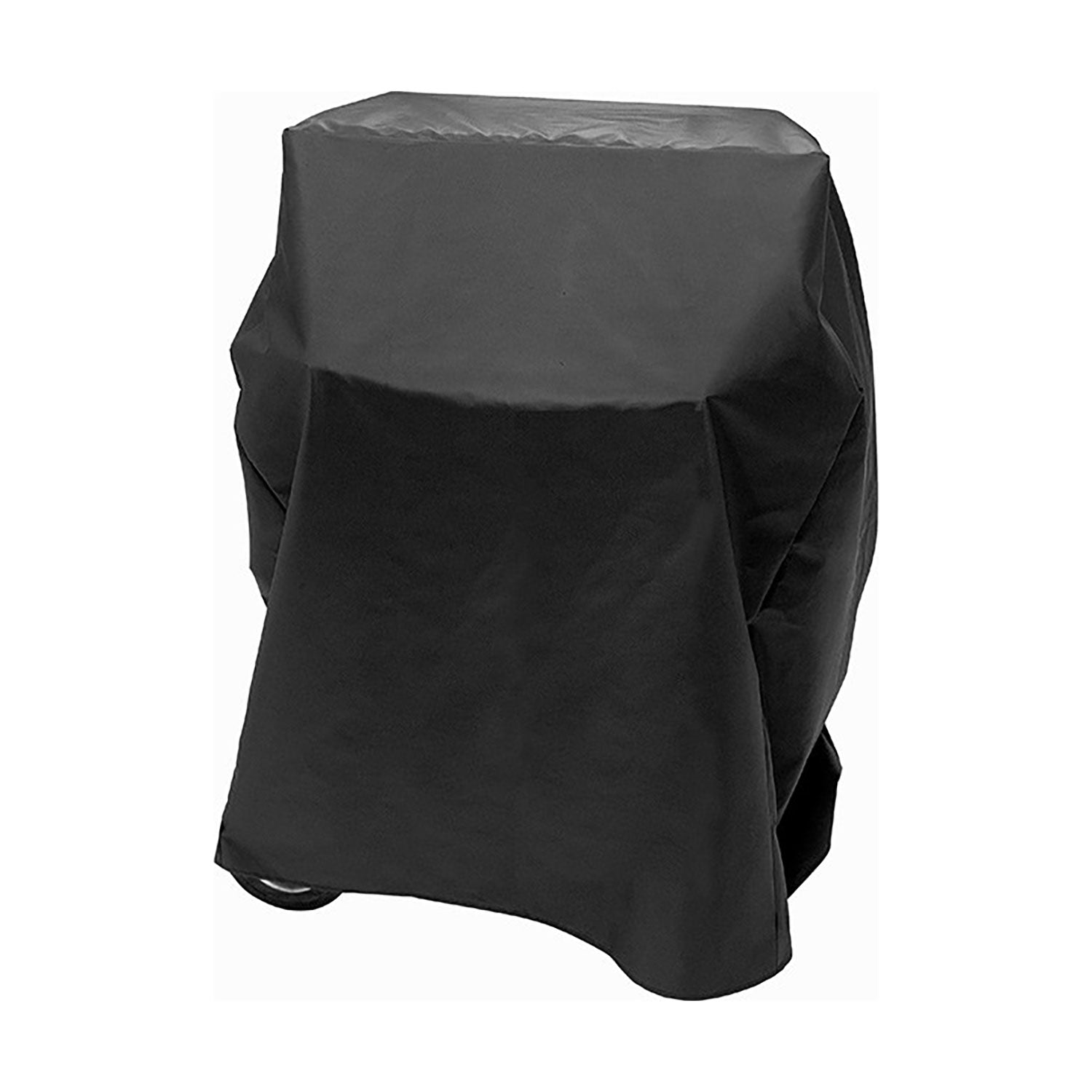 Full-length vinyl grill cover in dark gray, fitted over grill body