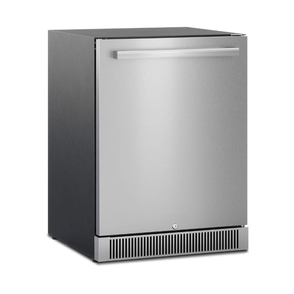 Outdoor refrigerator with closed door, stainless finish and bottom vented grille