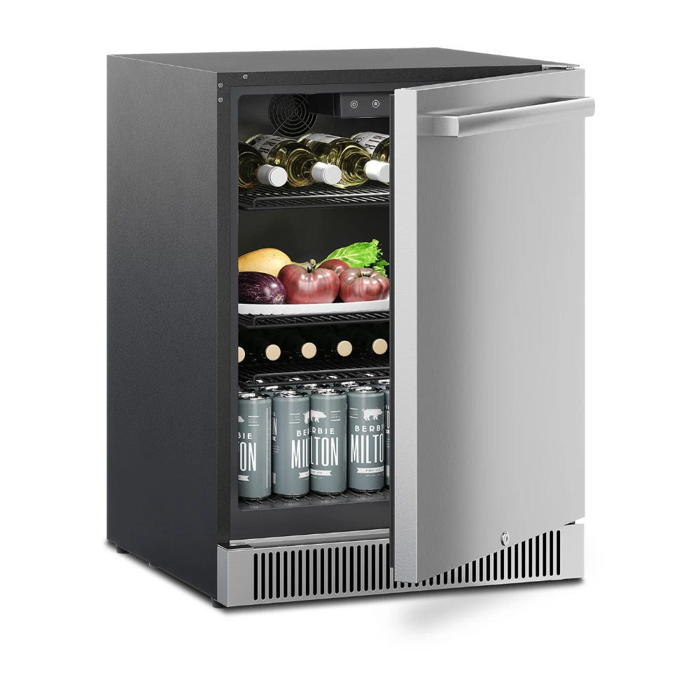 Outdoor refrigerator, door open with interior shelves and bottom vented grille