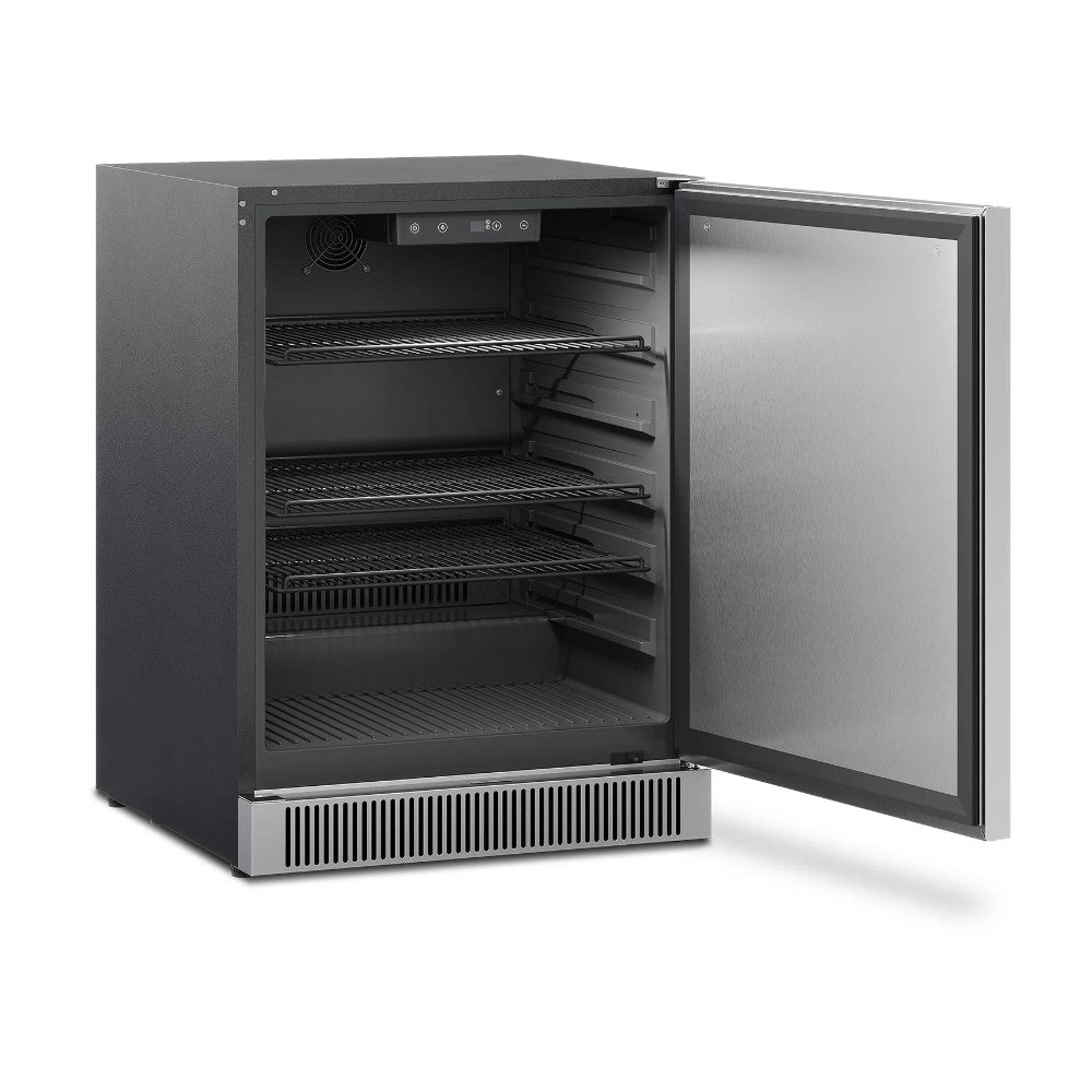 Outdoor refrigerator with open door, multiple interior shelves and fan vent visible