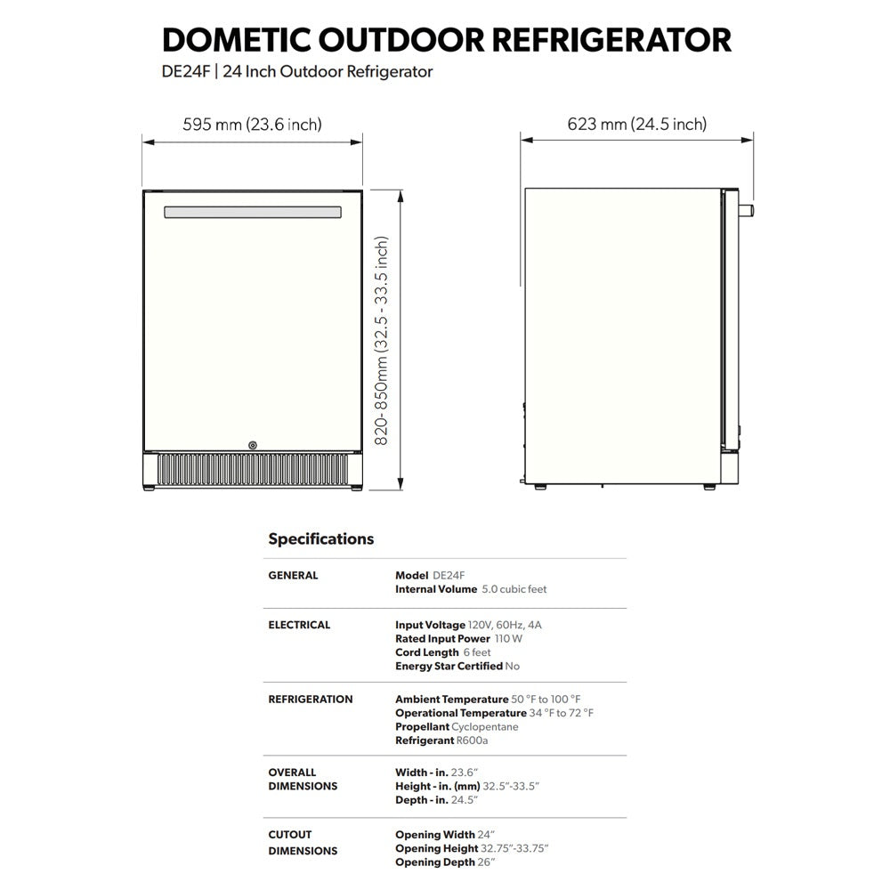 DOMETIC outdoor refrigerator dimensions diagram with width and height measurements