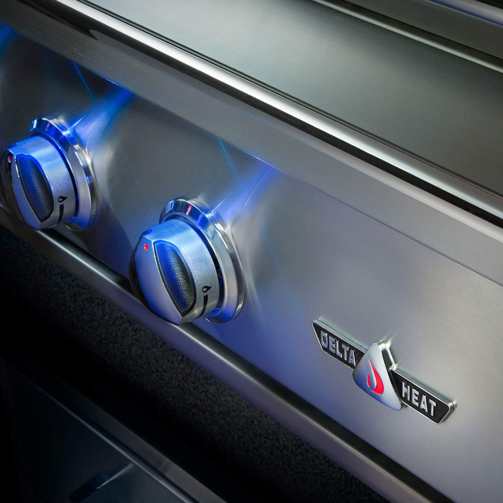 Delta Heat grill burners with blue control knobs and branded control panel