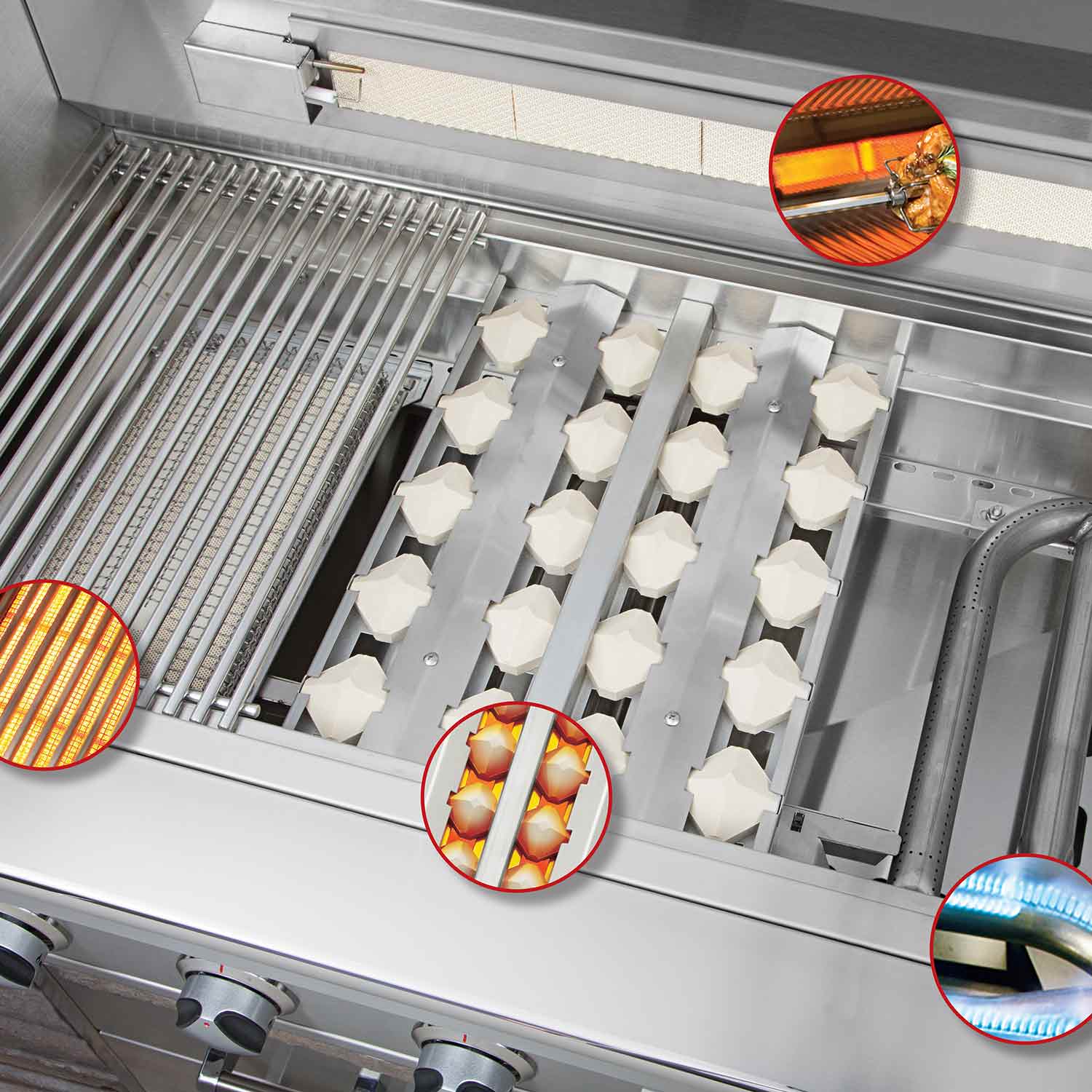 Delta Heat gas grill interior with cooking grids, heat shields, and rotisserie spit