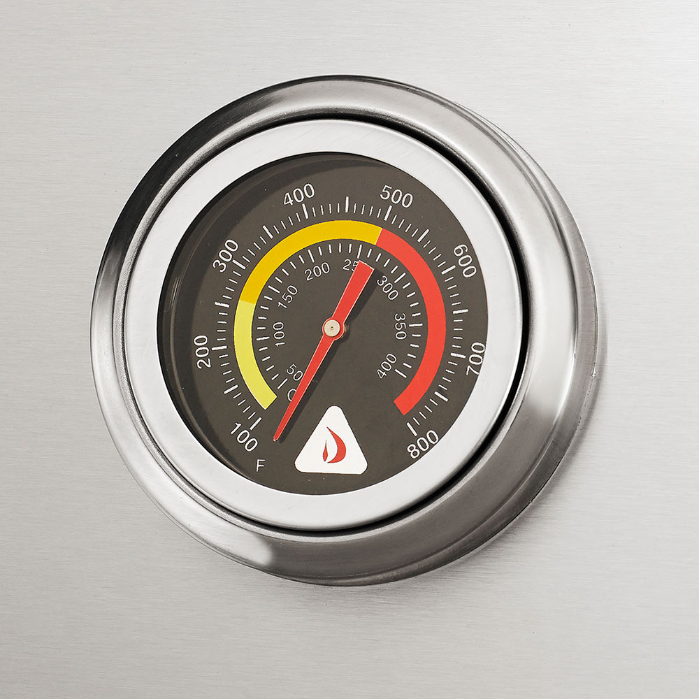Gas grill temperature gauge with F scale and red heat indicator