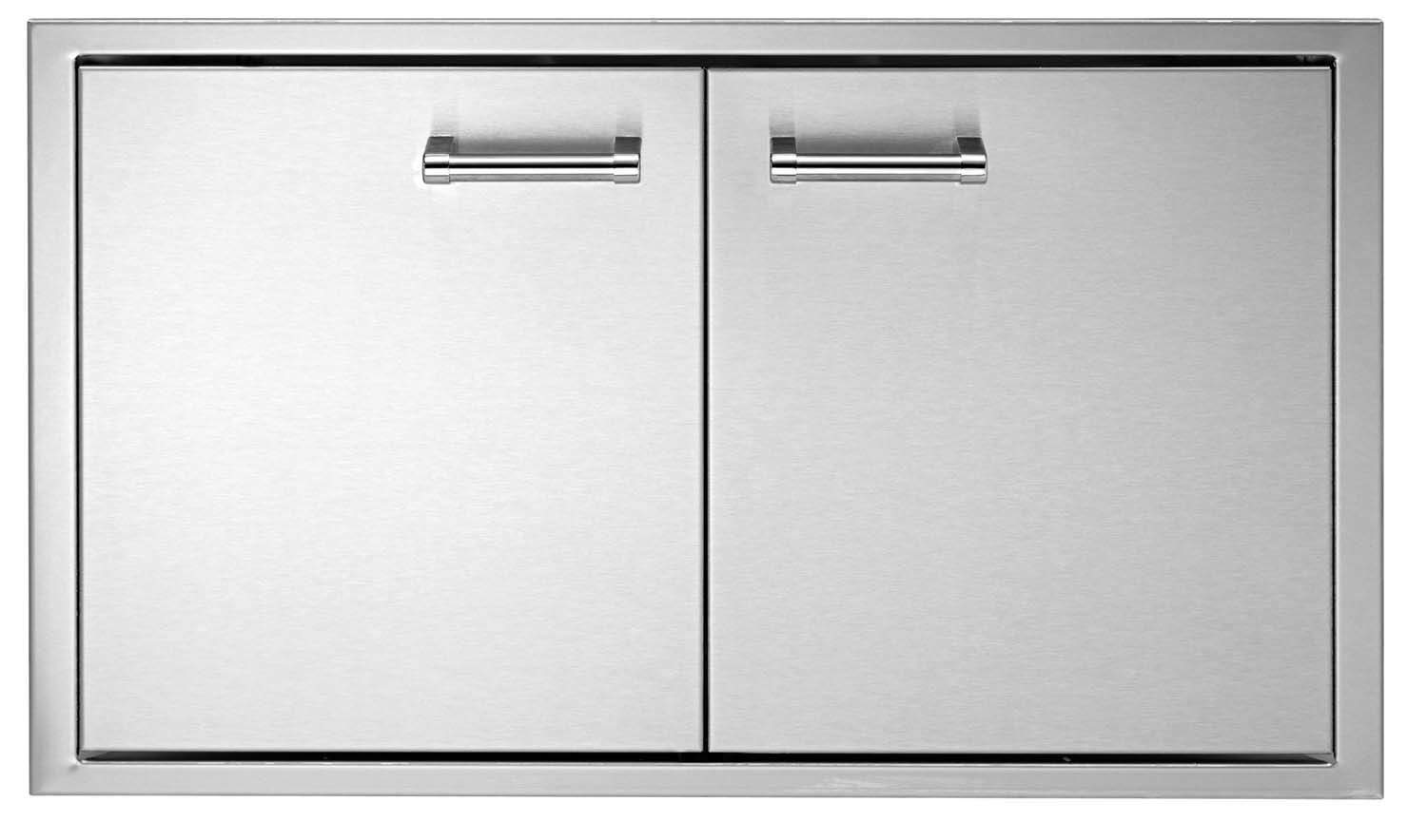 Double access door panel set with metal frame and two hinged doors with latches