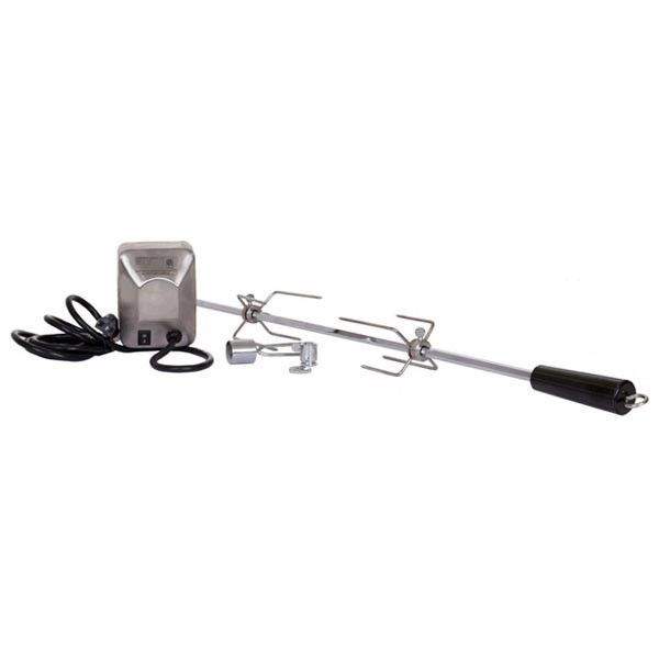 Delta Heat rotisserie kit with motor box, power cord, spit rod, and mounting forks