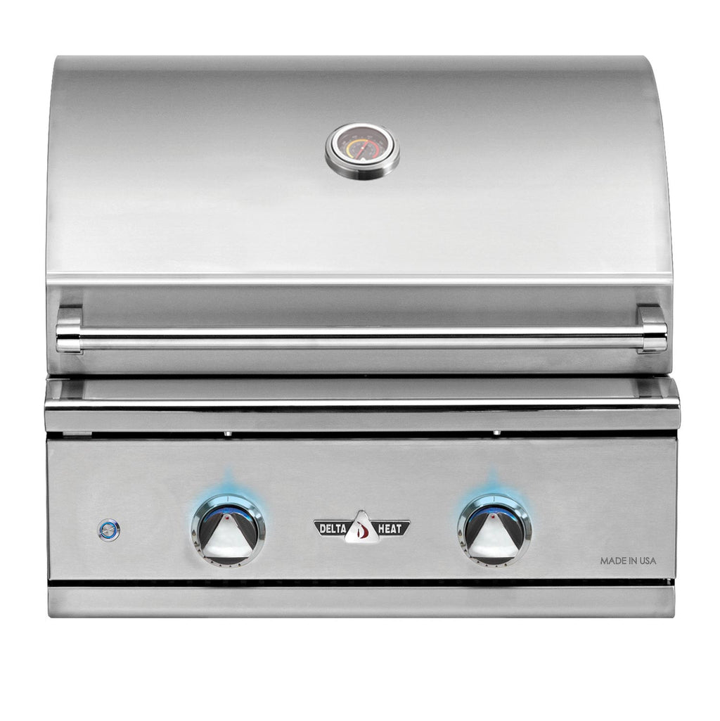 26-in built-in gas grill with stainless lid and front control knobs