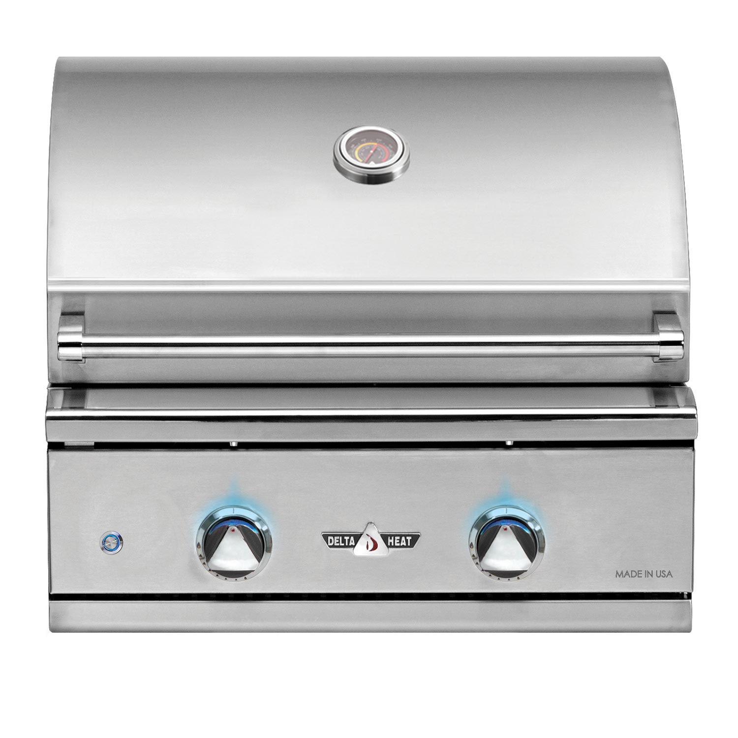 26-in built-in gas grill with stainless lid and front control knobs