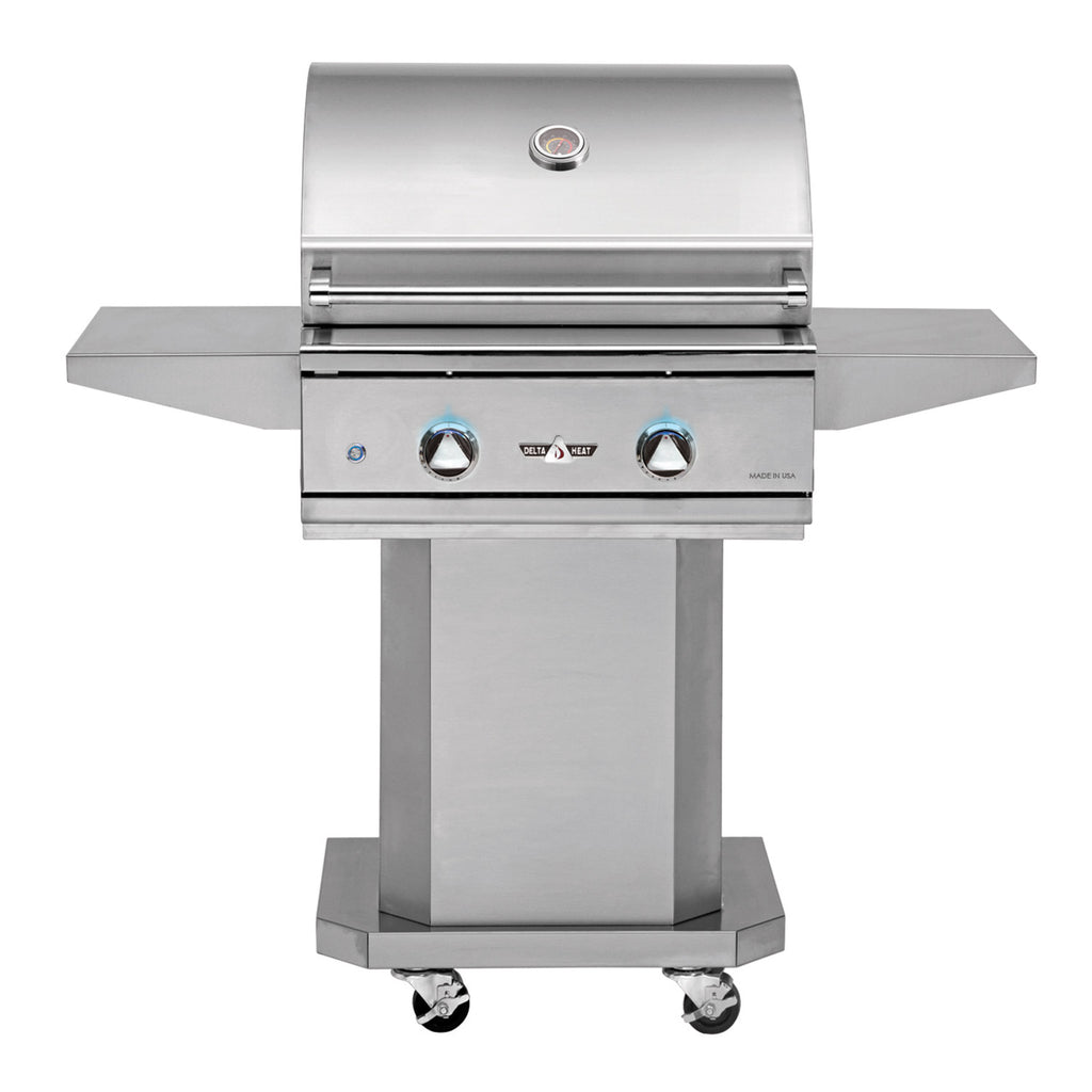 Stainless steel freestanding gas grill with pedestal base and control knobs