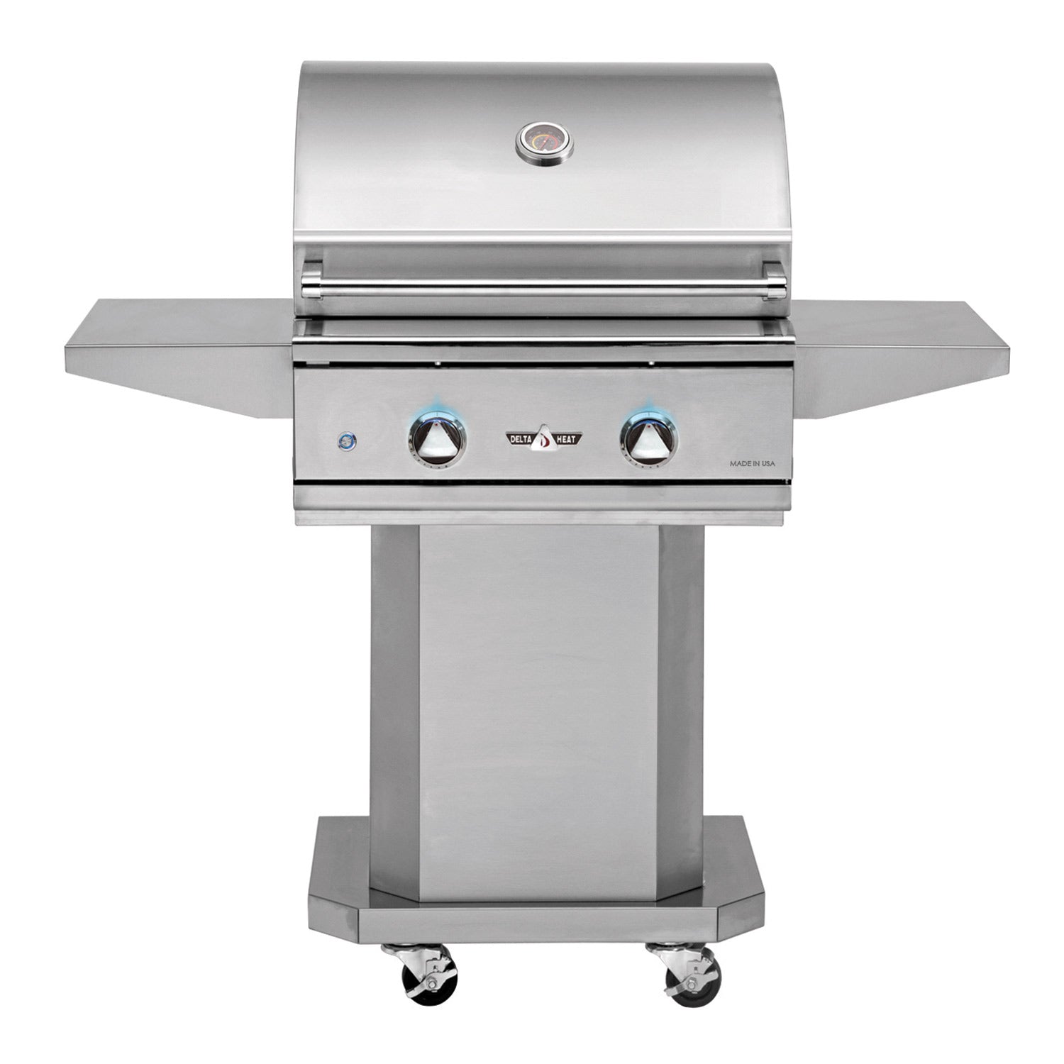 Stainless steel freestanding gas grill with pedestal base and control knobs