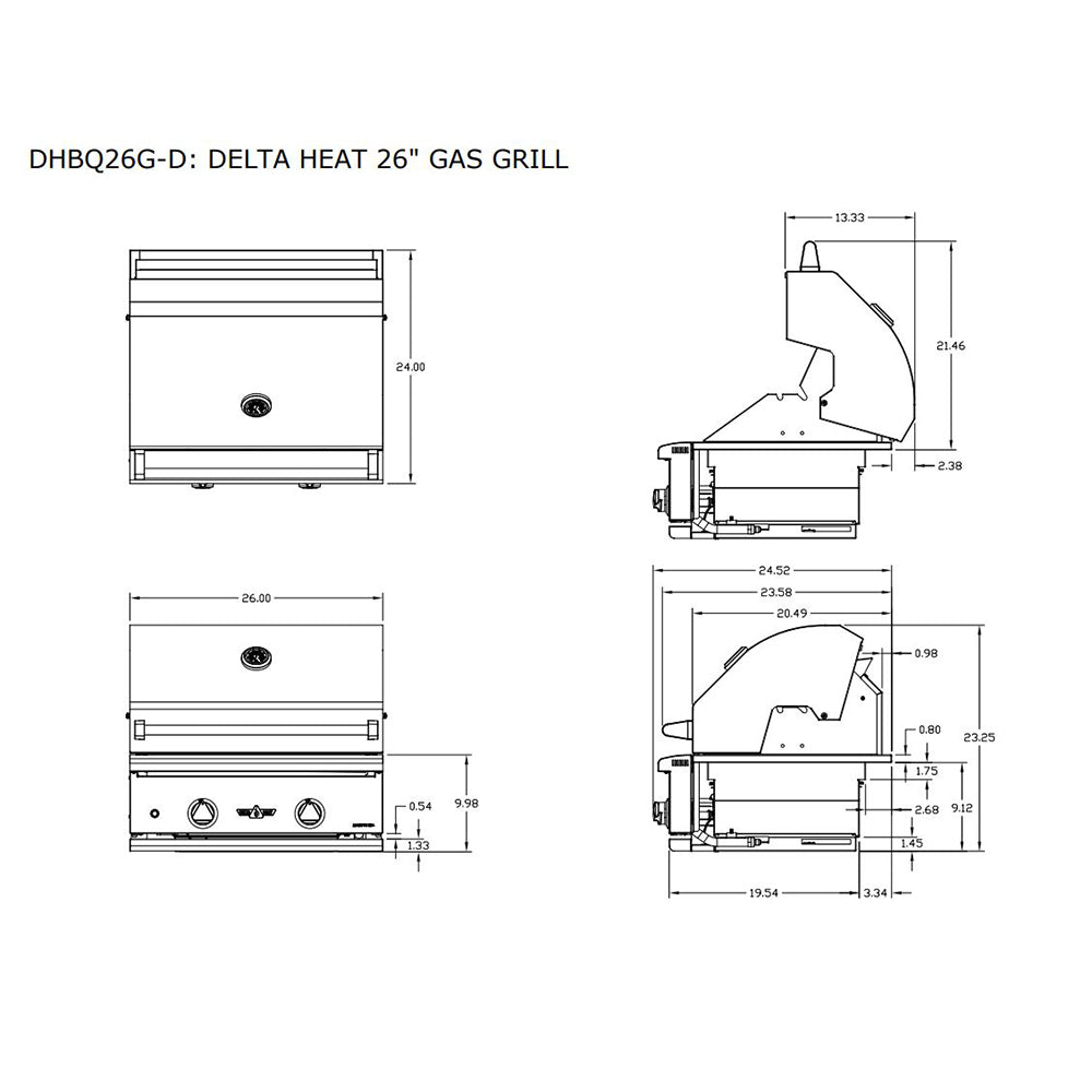 Gas grill dimensions diagram with front and side views