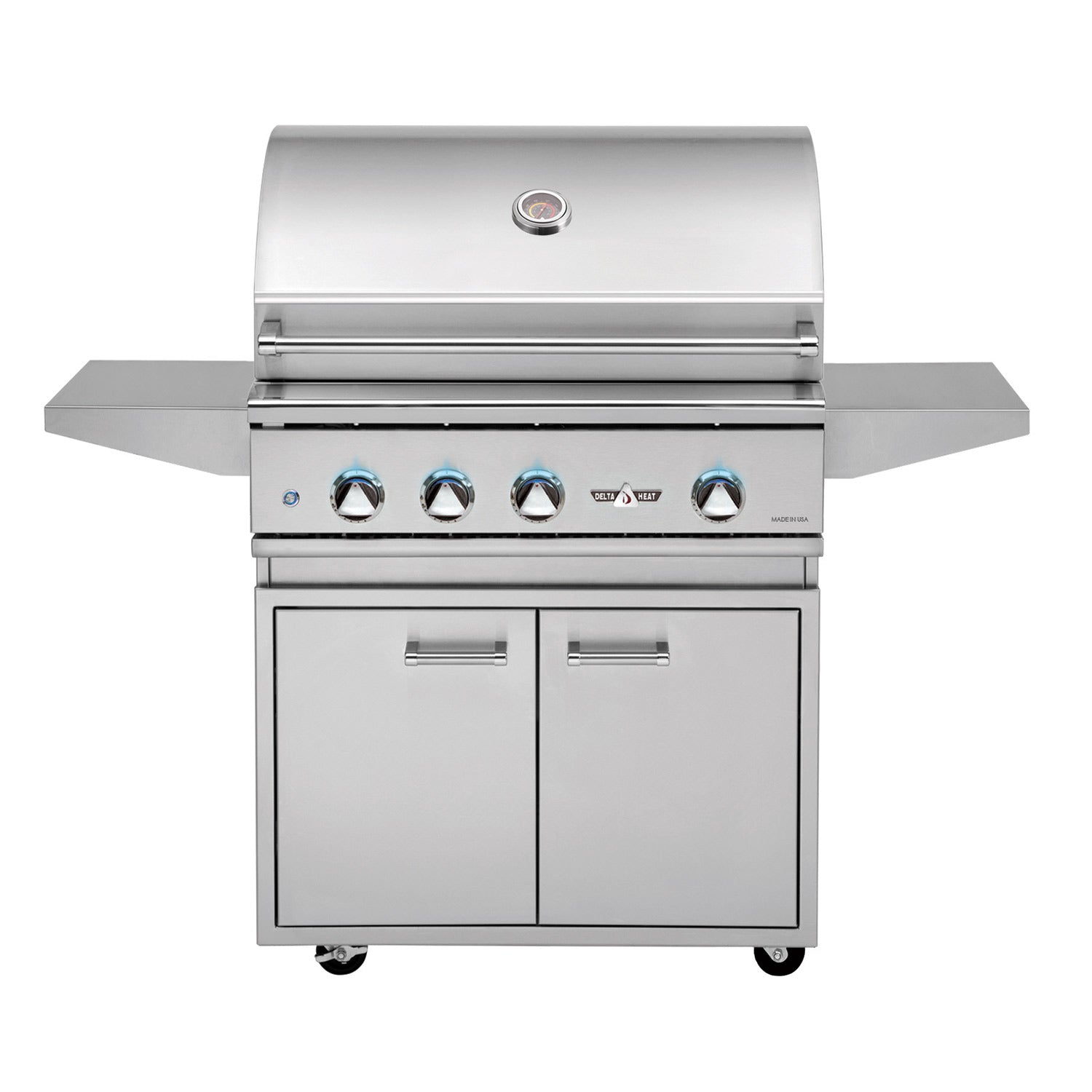 Delta Heat freestanding gas grill, front view with control knobs and cabinet doors