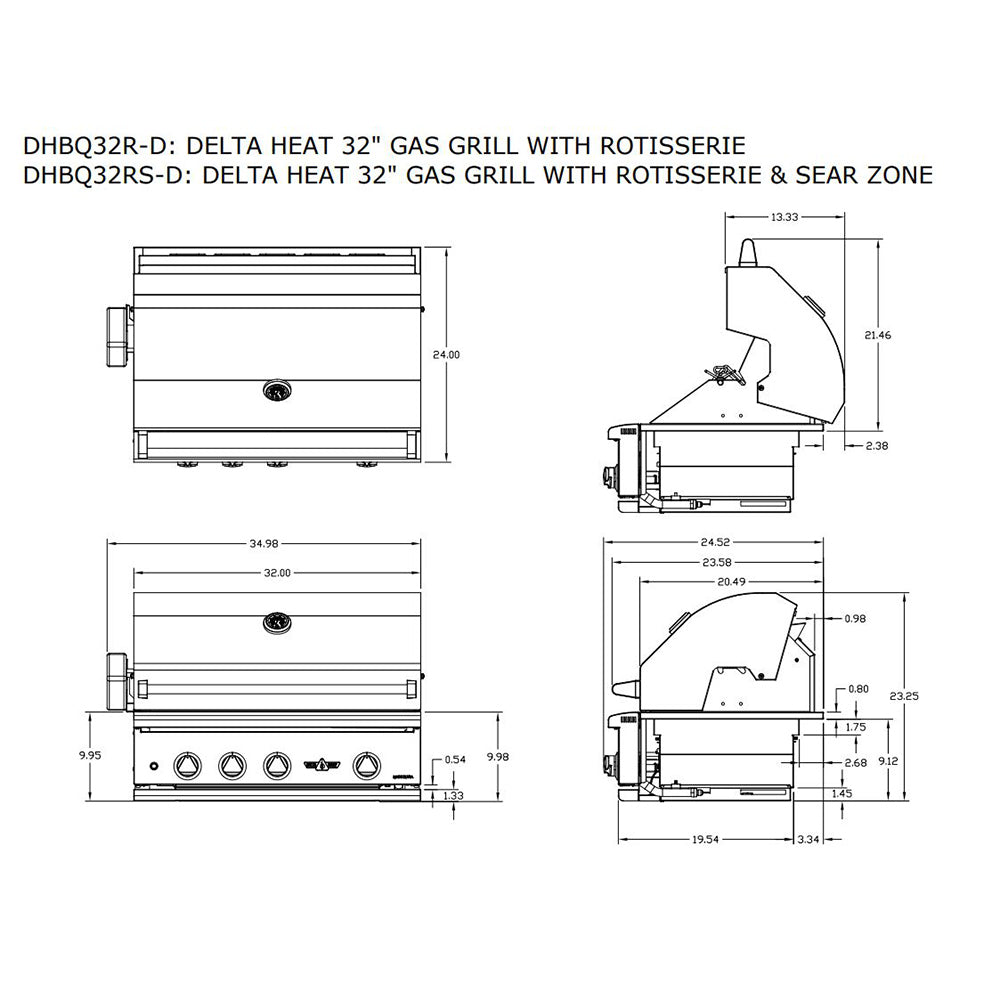 Delta Heat grill technical diagram with dimensions and side and front views