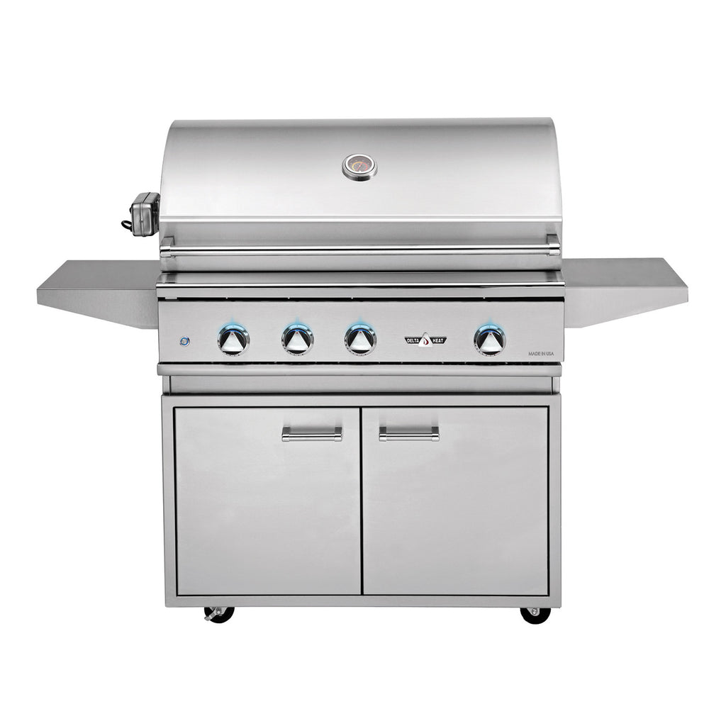 Freestanding stainless steel gas grill with side shelves and front control knobs