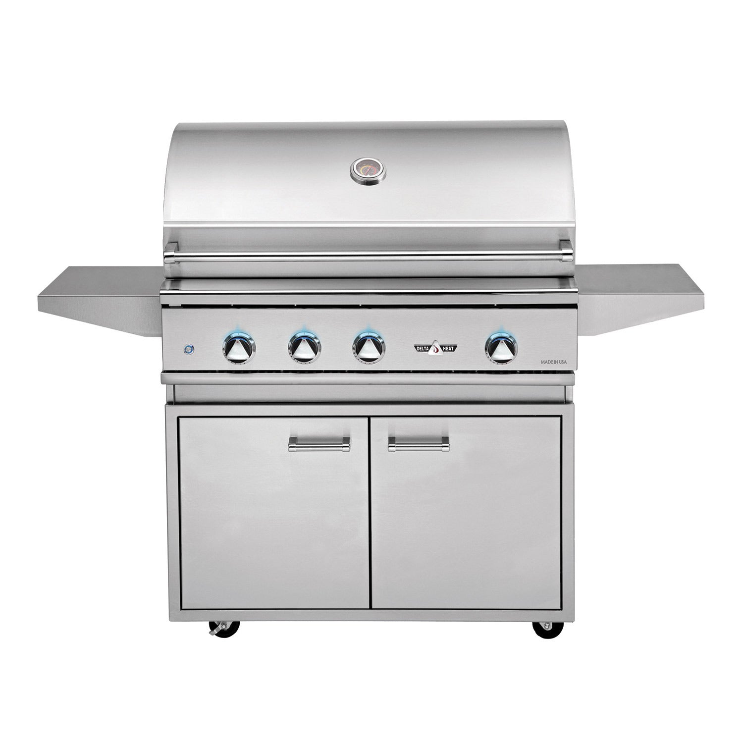 Stainless steel freestanding gas grill with side shelves and front control knobs