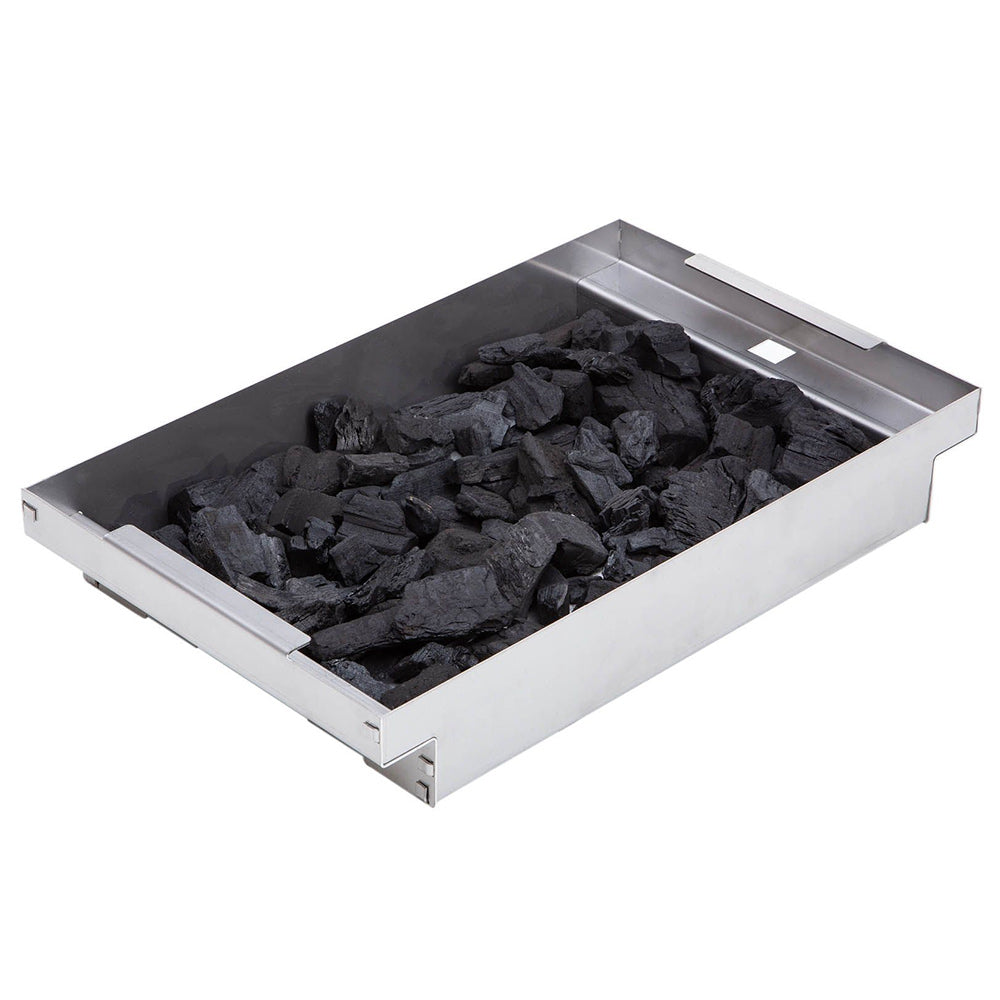 Charcoal heating tray with metal frame and dark charcoal briquette pieces