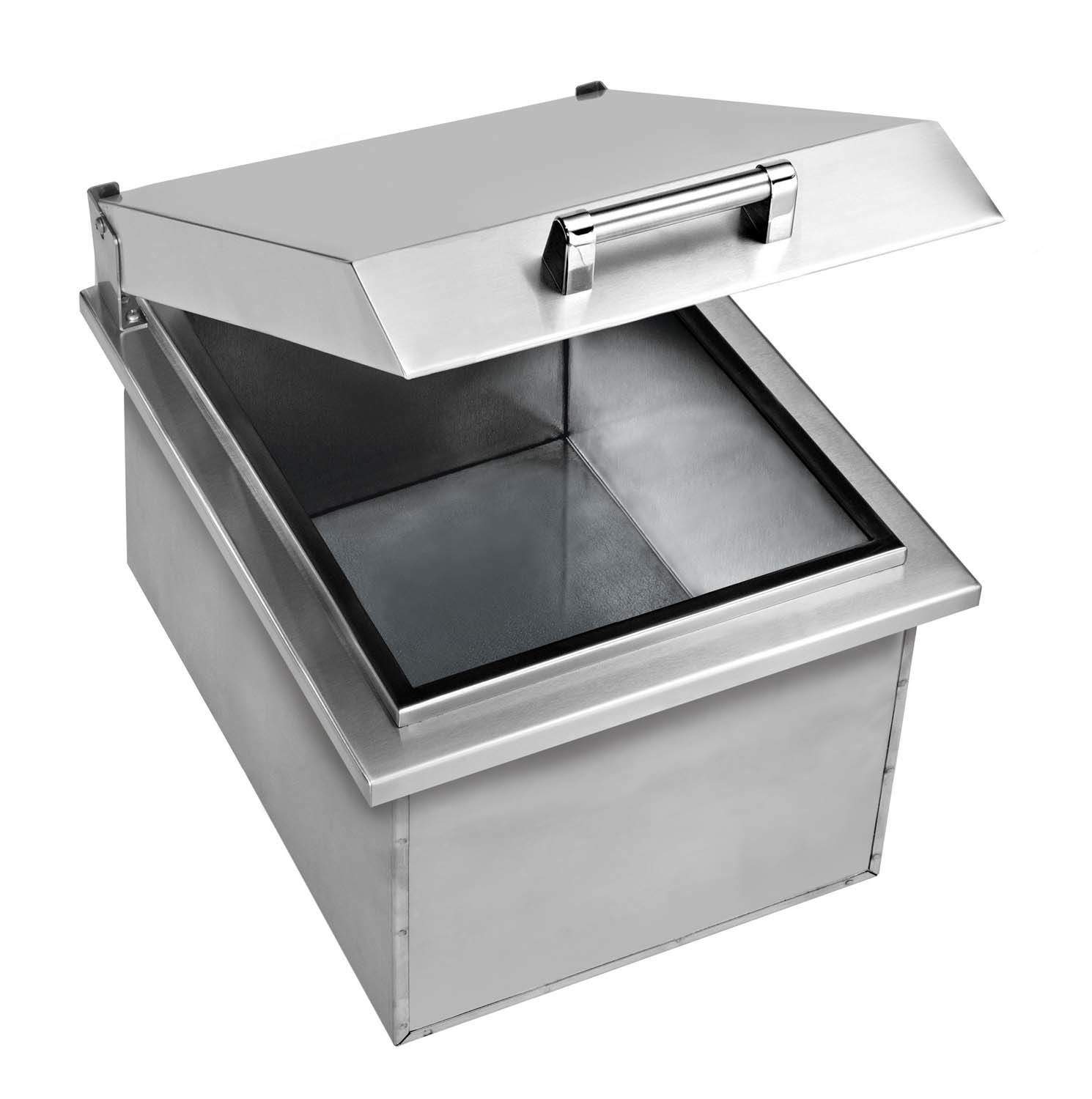 Stainless steel drop-in cooler with hinged lid open and interior basin visible