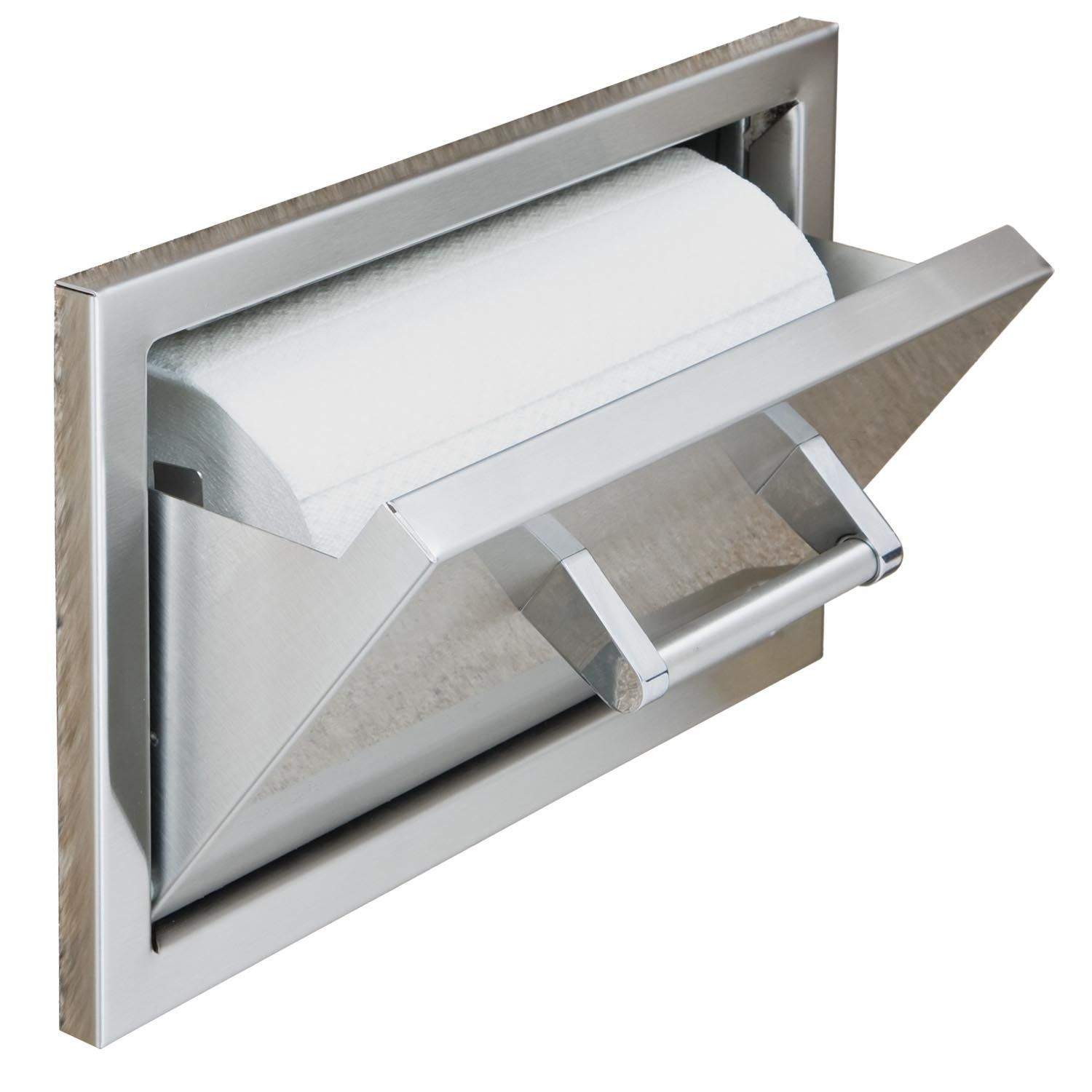 Wall-mount paper towel holder with brushed metal frame and spindle for towel roll
