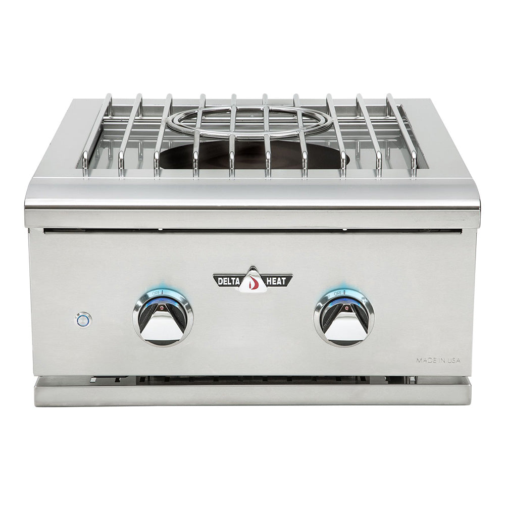 Stainless steel power burner with two control knobs and open burner grate