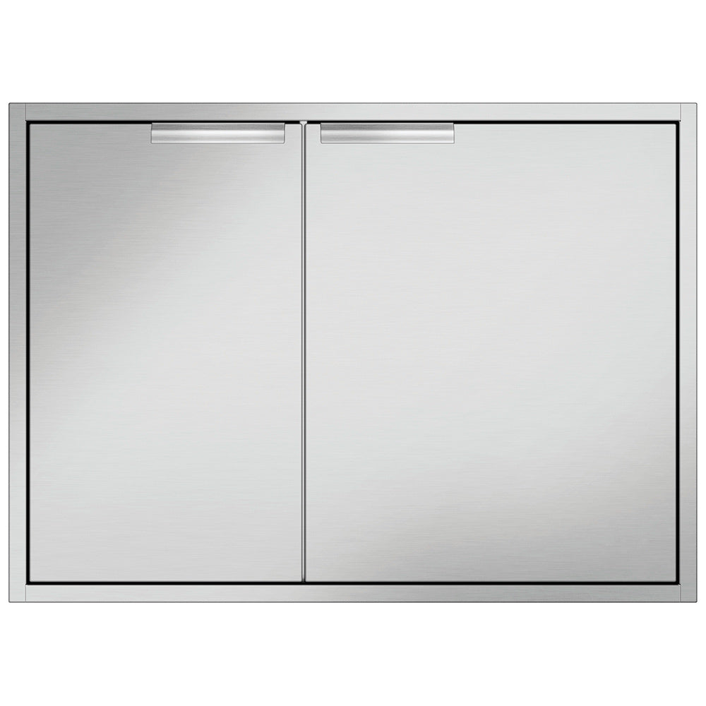Dry storage pantry with two hinged doors, brushed metal finish