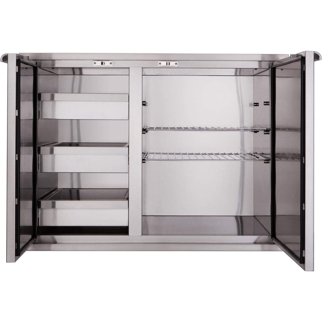 Dry storage pantry interior with shelves and two pull-out storage drawers