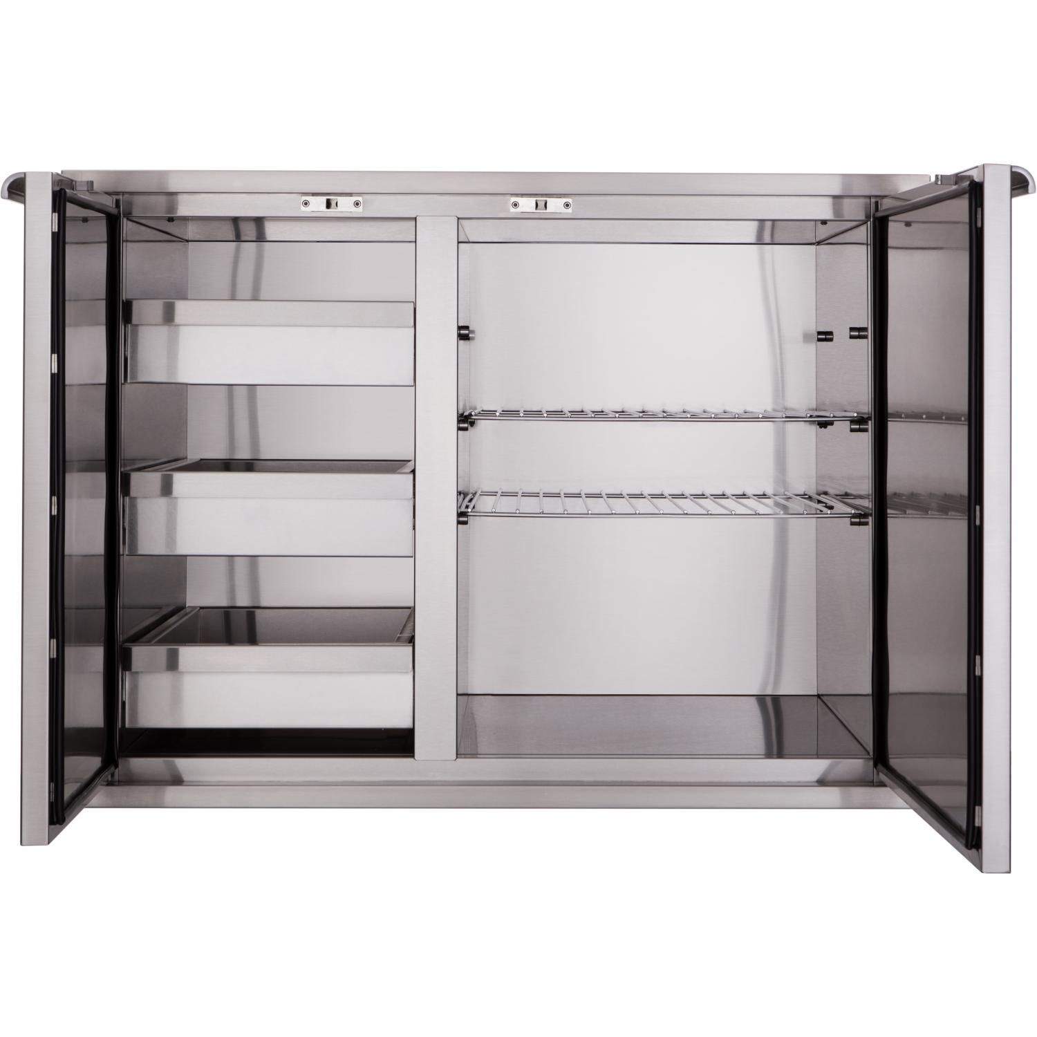 Dry storage pantry interior with shelves and two pull-out storage drawers