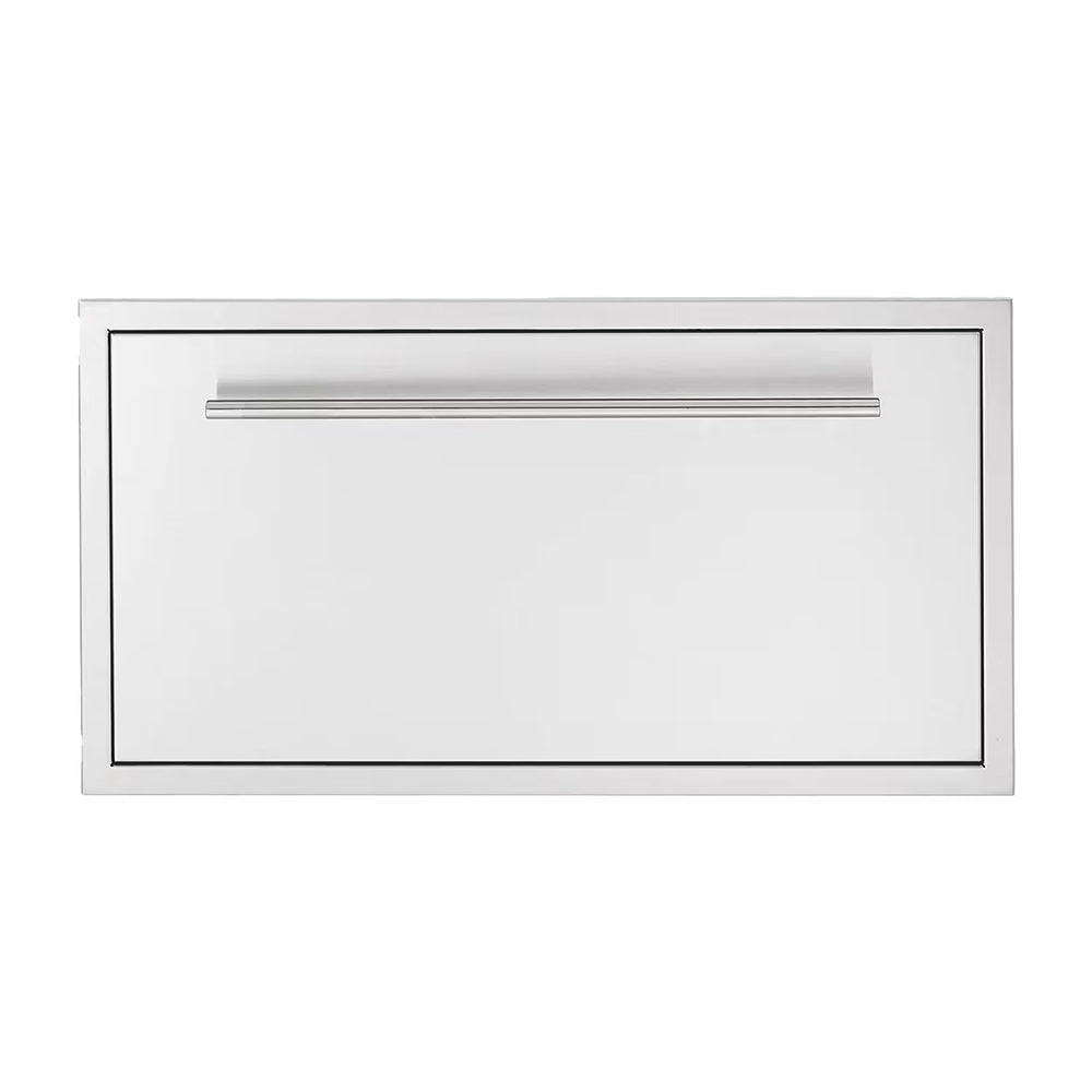 Large storage drawer front with recessed handle, light gray metal frame