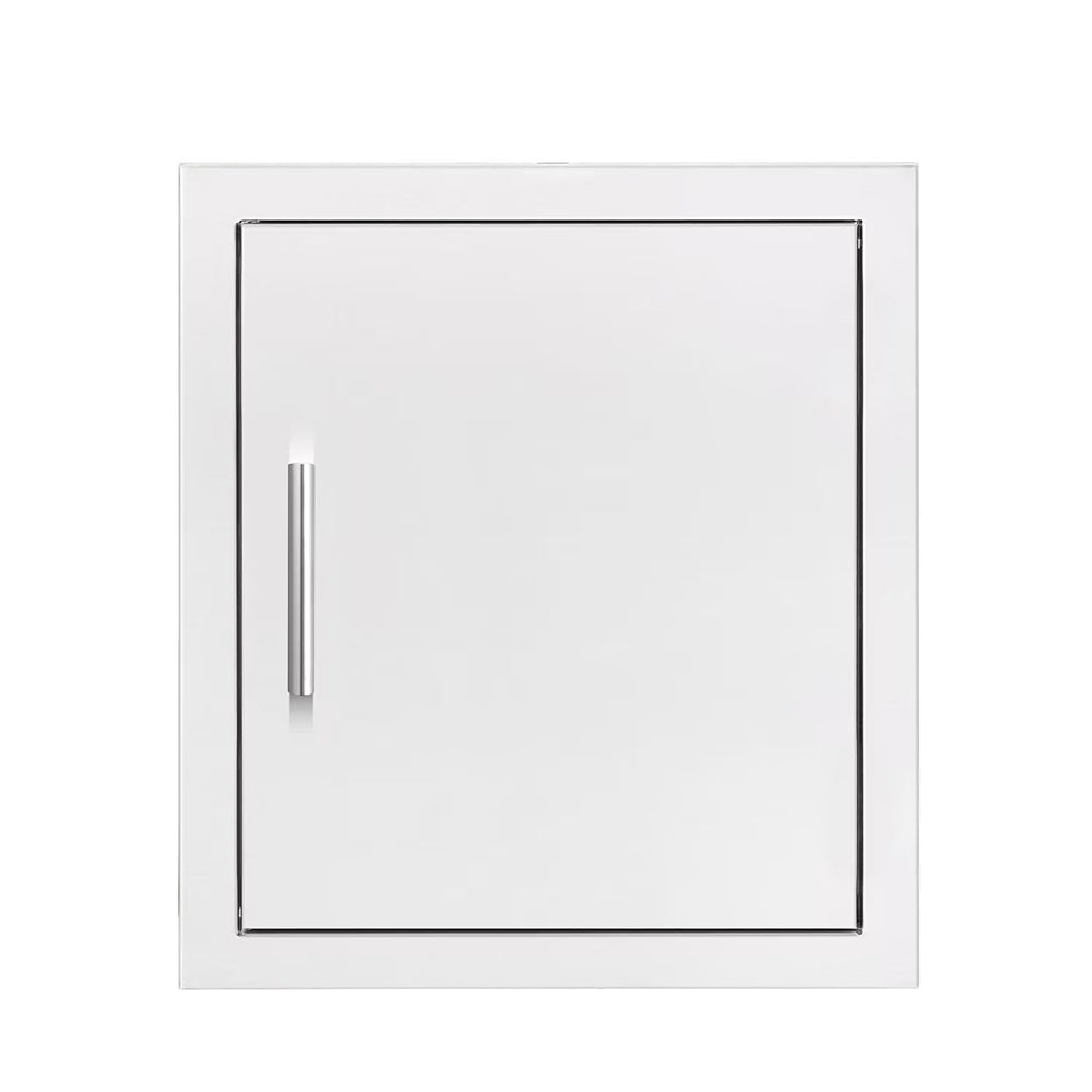 Vertical access door with square frame and black handle latch, white panel