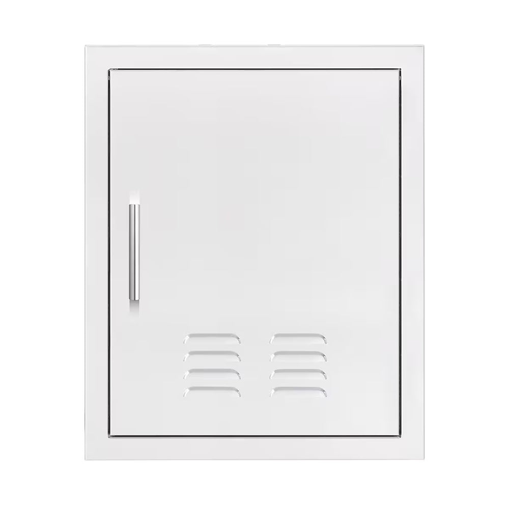 Vented vertical access door with slotted vents, light-colored frame and latch
