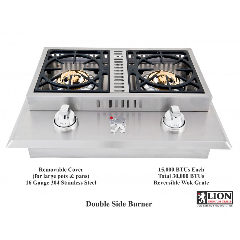 Double side burner with two burners, black grates, and two control knobs
