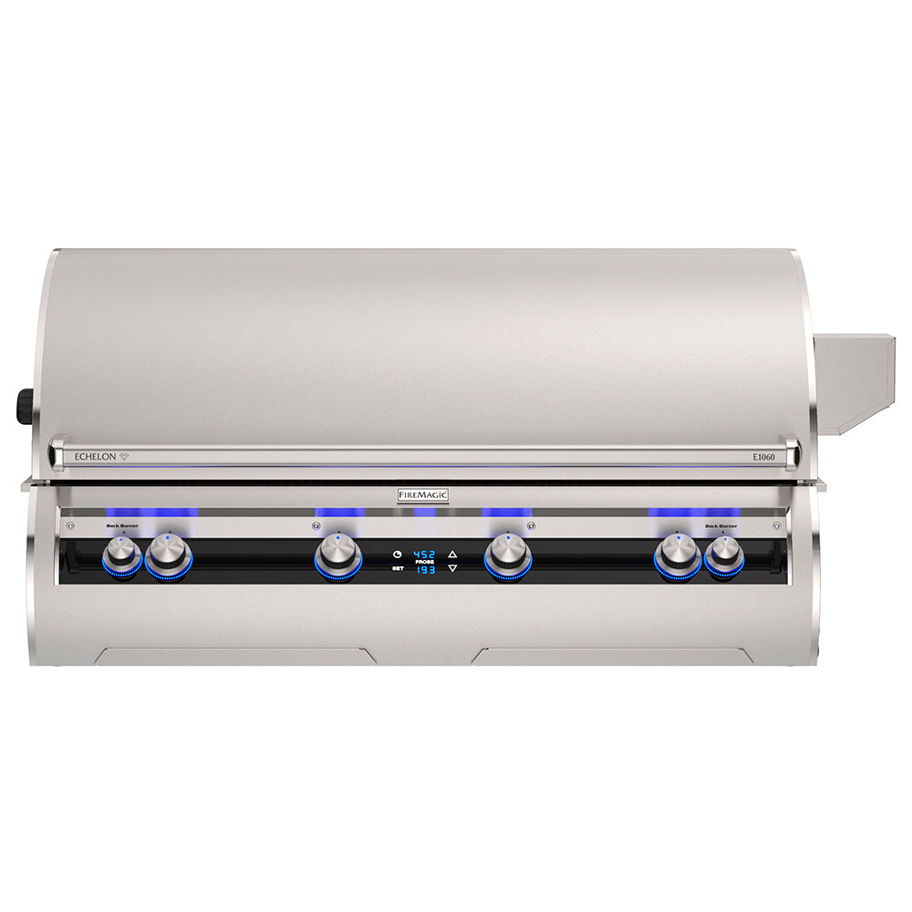 Built-in gas grill with stainless hood, front burners, and blue control knobs