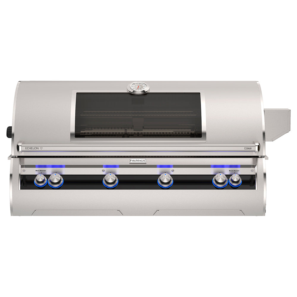 Built-in gas grill with open hood, front burners, thermometer, and blue control knobs