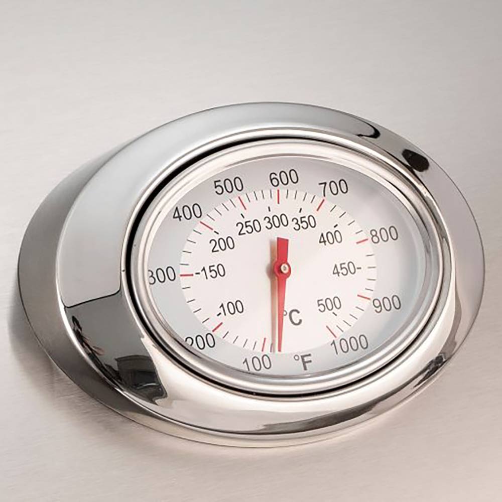 Gas grill temperature gauge with analog dial showing Celsius and Fahrenheit