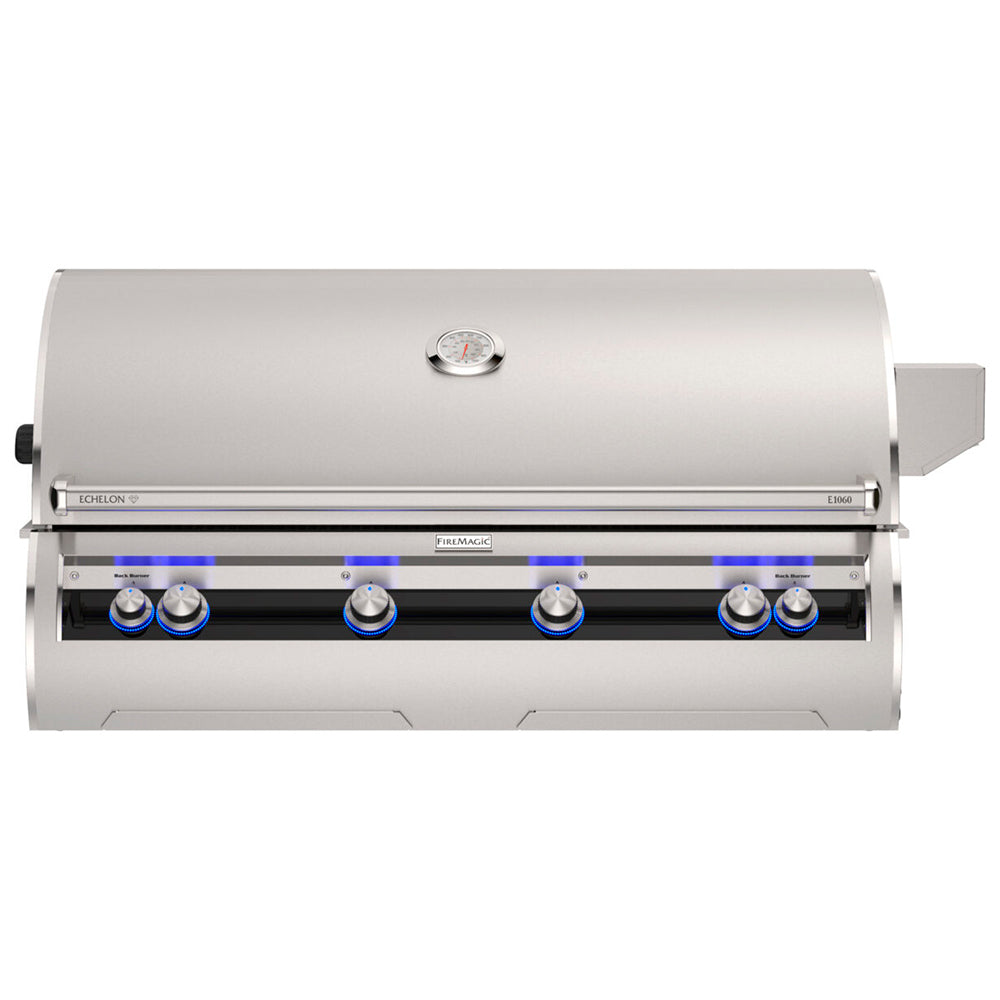 Built-in gas grill with stainless hood, central thermometer, and blue control knobs