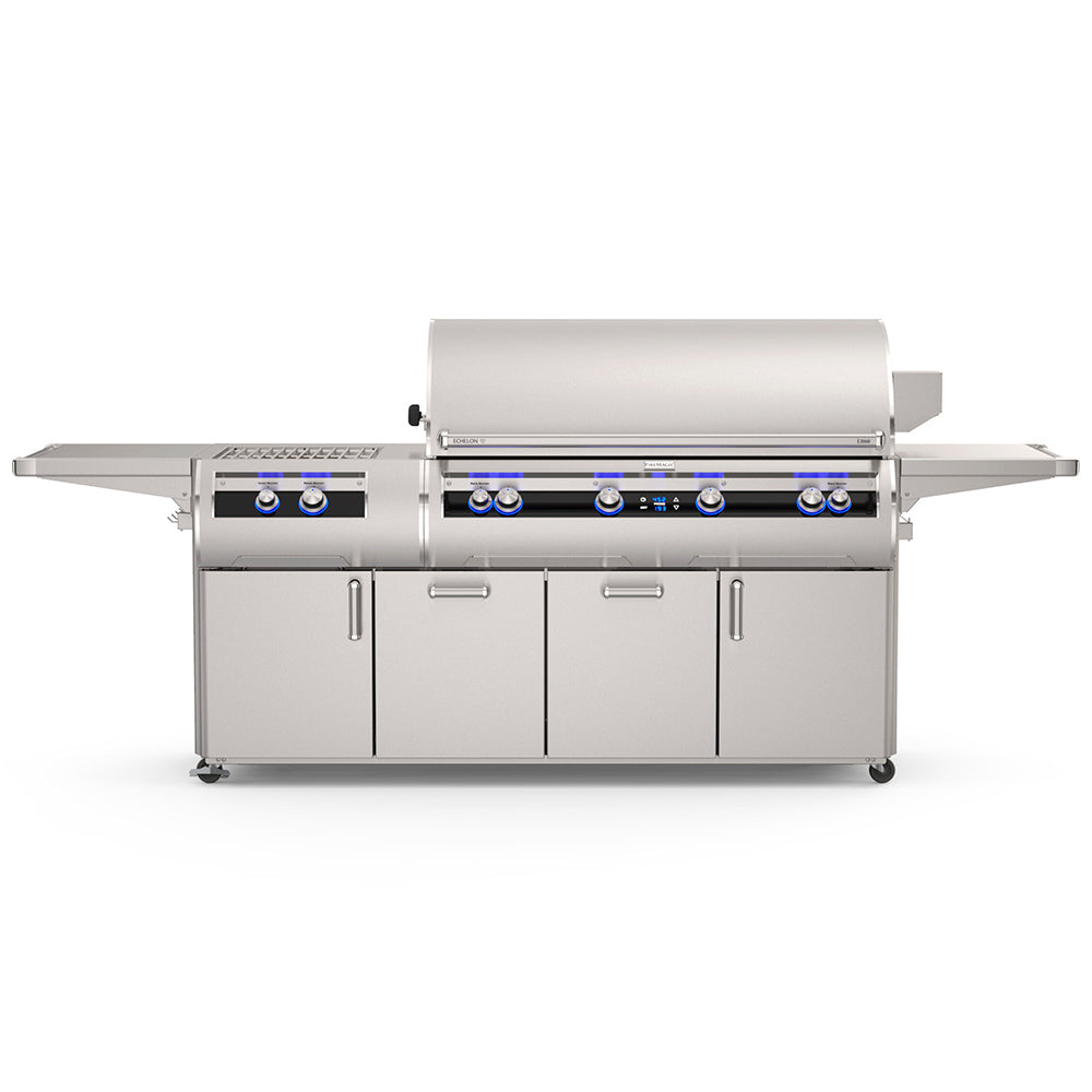 Freestanding stainless gas grill with control knobs and side shelves