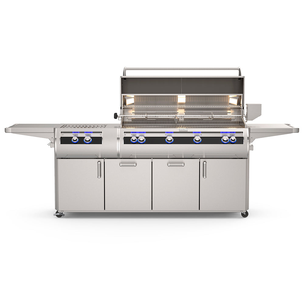 Freestanding stainless gas grill with open lid, burners, and cooking grates