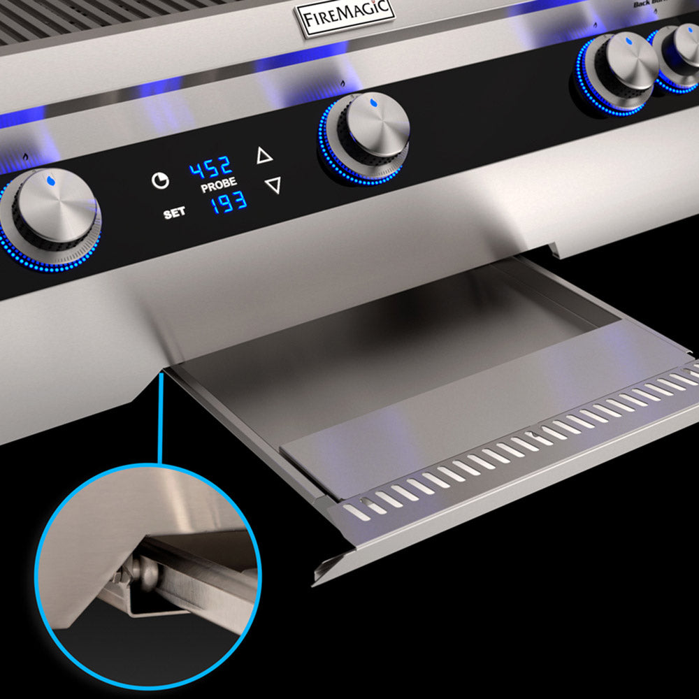 Stainless grill control panel with blue backlit knobs and temperature display