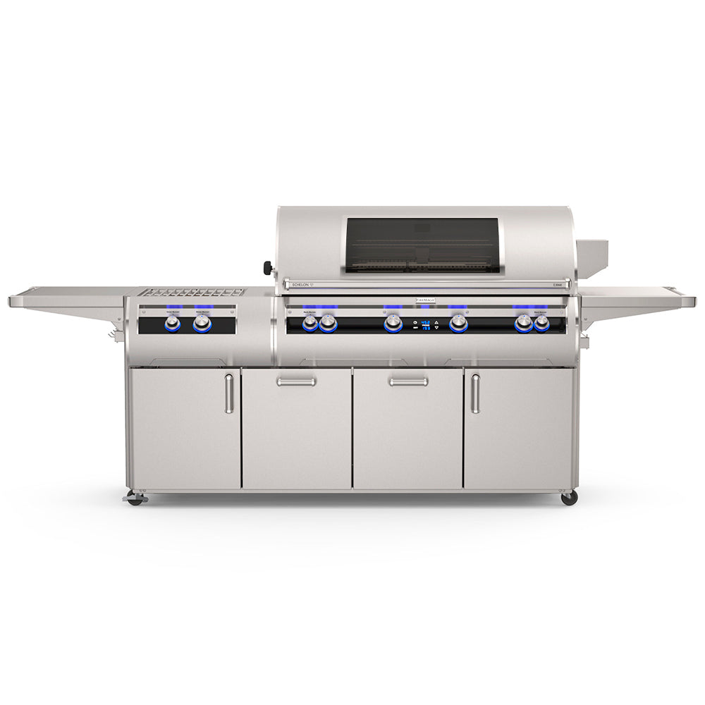 Freestanding stainless gas grill with side shelves, front doors, and control knobs